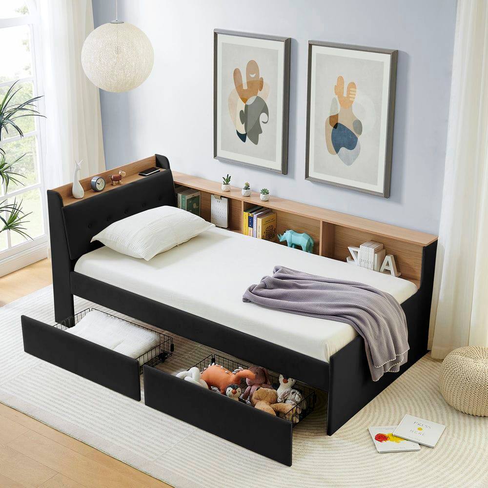 Angle. Kadyn - Twin Size Upholstered Velvet Daybed with Storage Headboard, Wireless Charging, 2 Drawers & LED Lights - Black.