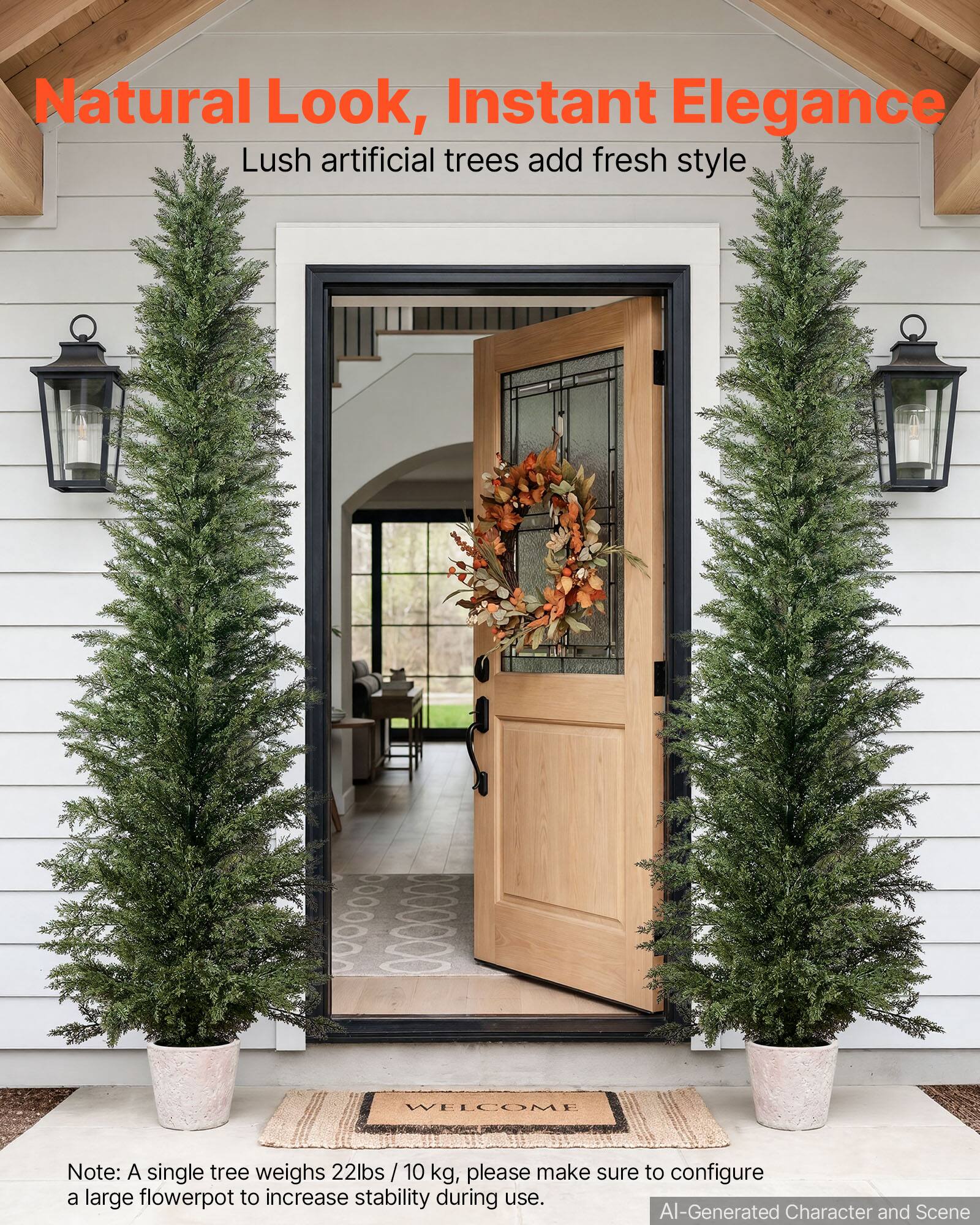 Natural Look, Instant Elegance  
Lush artificial trees add fresh style  

WELCOME  

Note: A single tree weighs 22lbs / 10 kg, please make sure to configure a large flowerpot to increase stability during use.  

AI-Generated Character and Scene