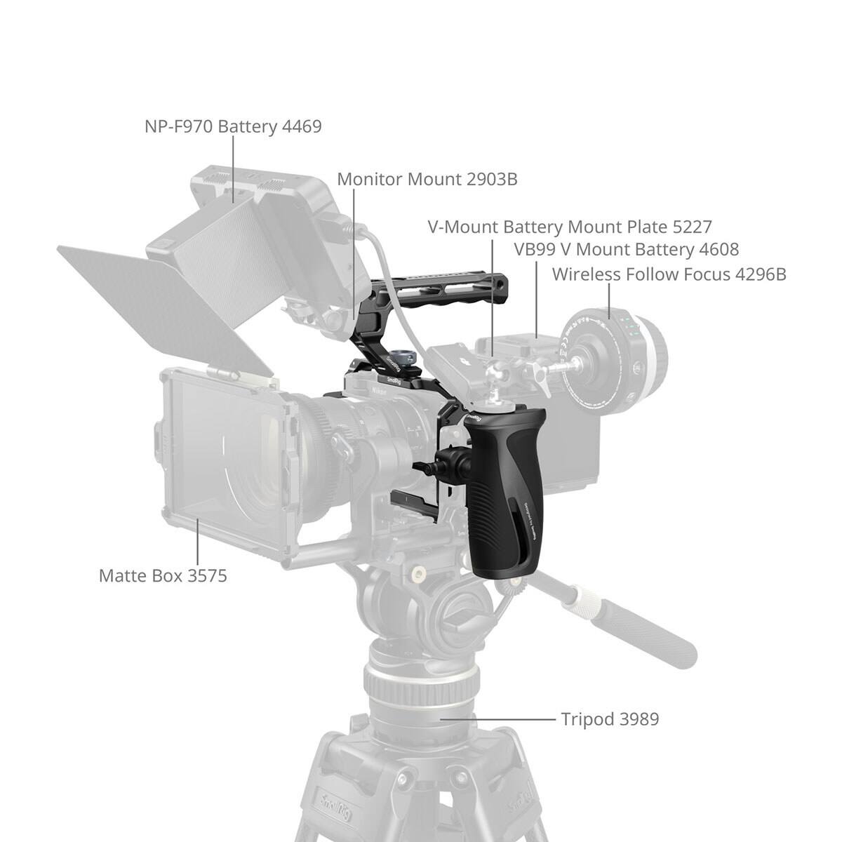 NP-F970 Battery 4469  
Monitor Mount 2903B  
V-Mount Battery Mount Plate 5227  
VB99 V Mount Battery 4608  
Wireless Follow Focus 4296B  
Matte Box 3575  
Tripod 3989