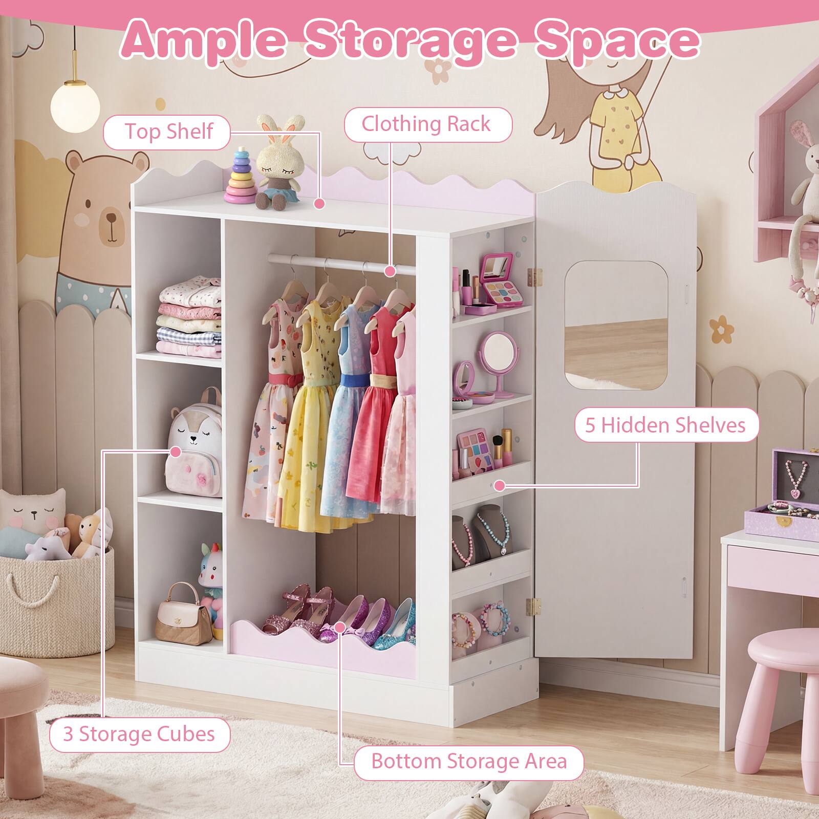 Ample Storage Space  
Top Shelf  
Clothing Rack  
5 Hidden Shelves  
3 Storage Cubes  
Bottom Storage Area