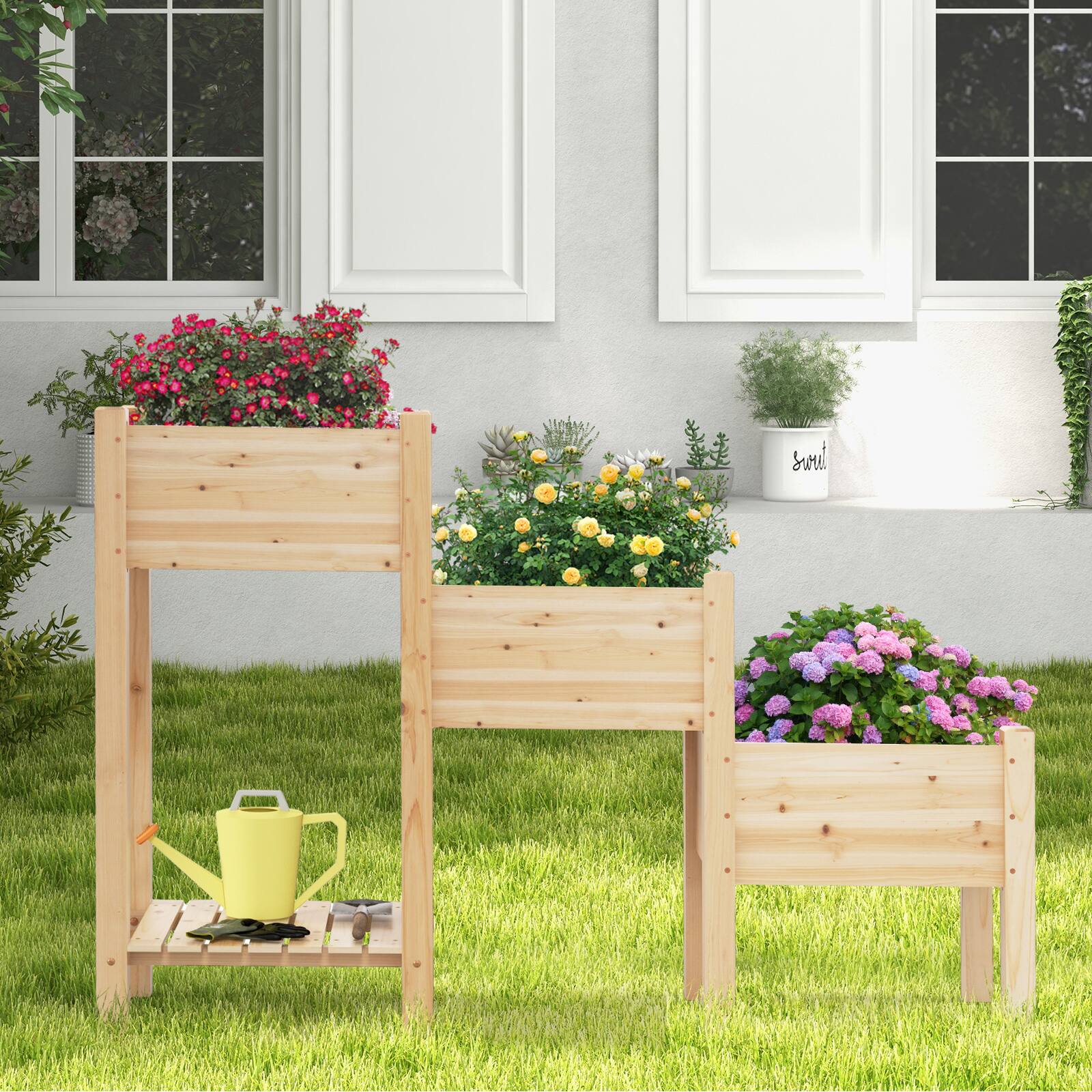 Alt View 3. Costway - Costway 3-Tier Wooden Raised Garden Bed Elevated Garden Planter w/ 3 Planter Boxes Open Storage Shelf Drainage Holes - Natural.