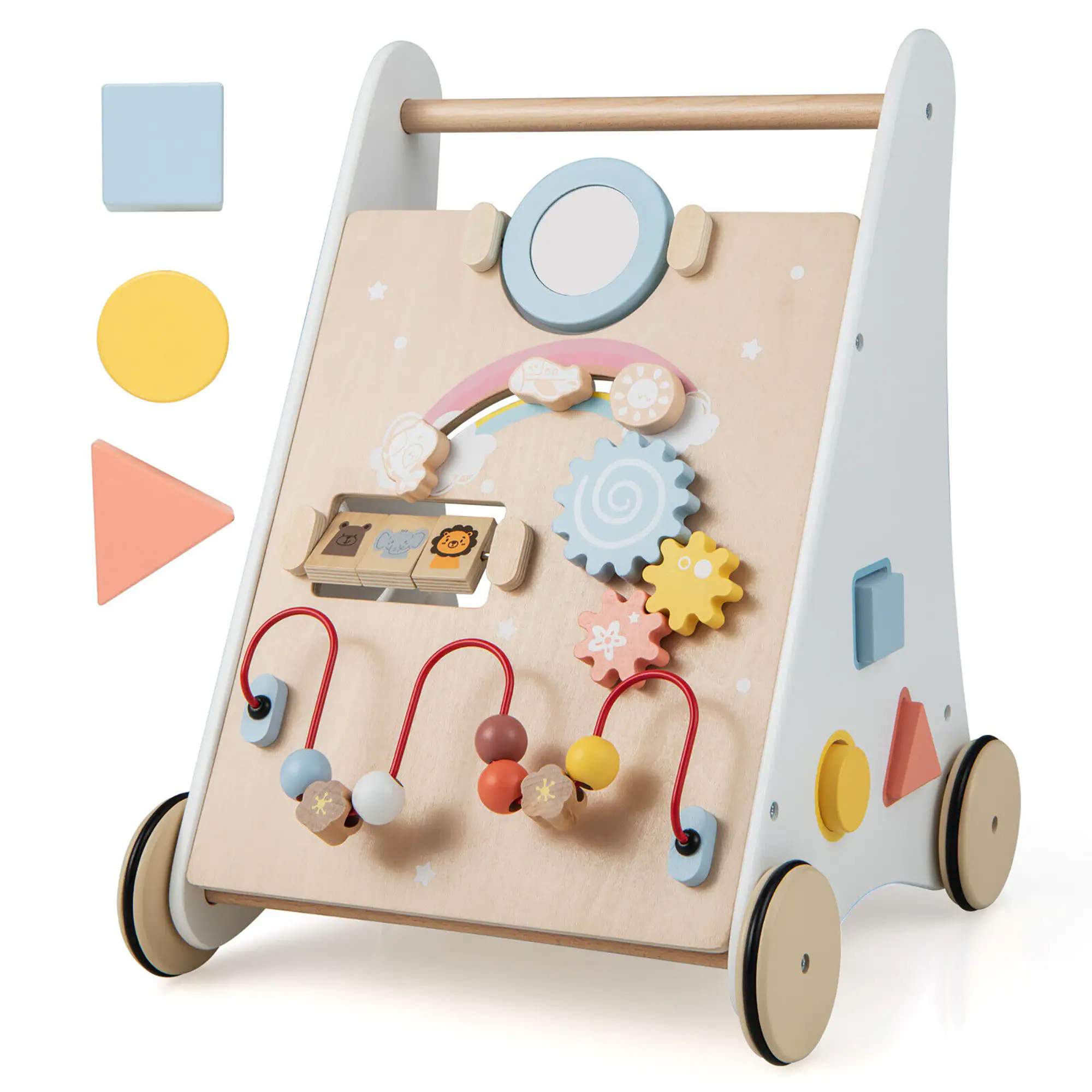 Gymax - Wooden Baby Walker Baby Activity Center with Mirror Shape Sorter for 1+ Year Old - White, Natural