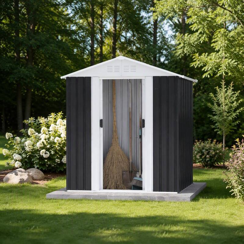 Back. RYHNUYNE - 5 x 3 Feet Grey Outdoor Storage Shed with,Weather Resistant Tool Shed for Garden Backyard Patio - Black.
