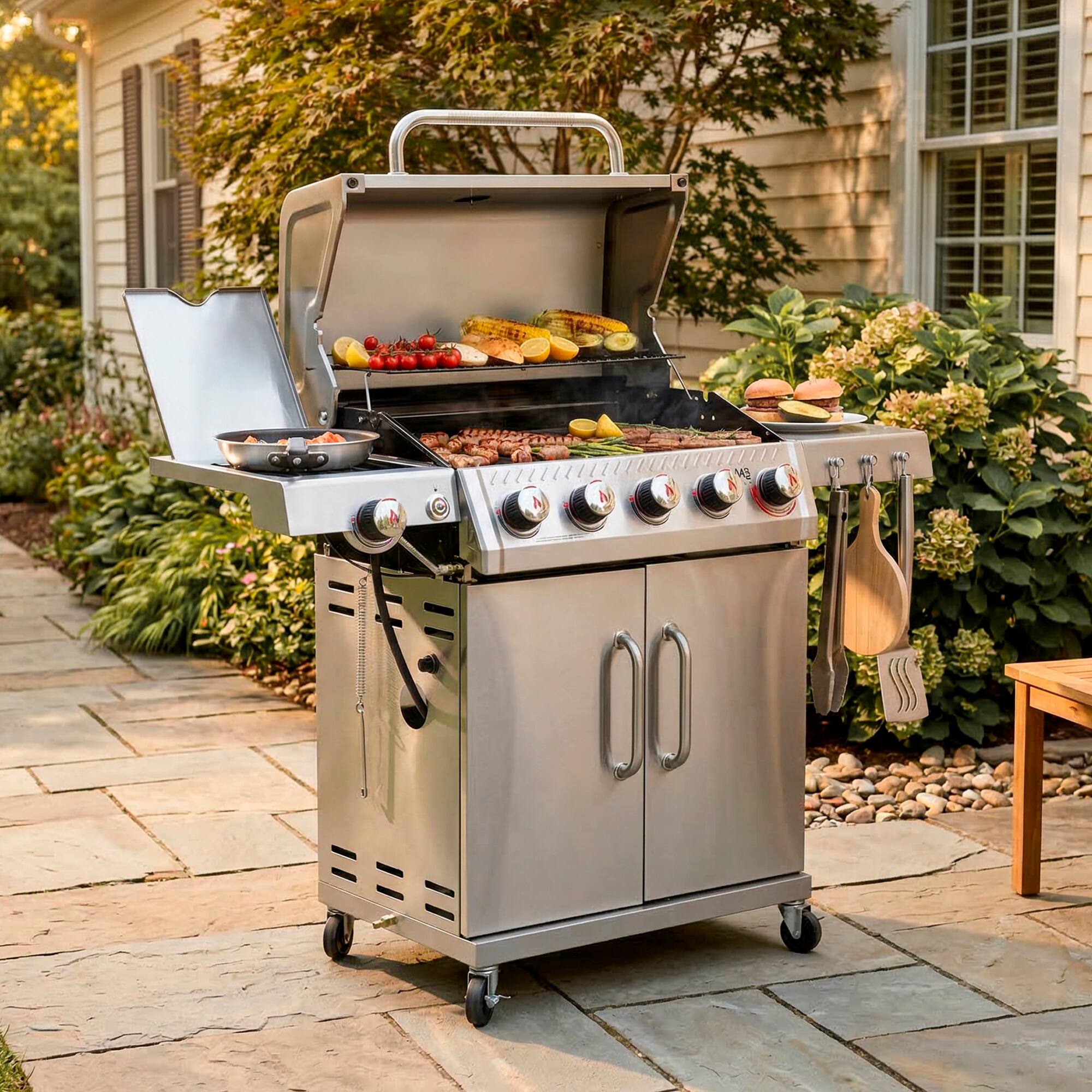 Alt View 6. FEASTO - 5-Burner Propane Gas Grill with Sear & Side Burner, 686 Sq. In. Outdoor Cooking Area - Silver.