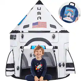 Joyfy - Play Tent White Rocket Ship Pop Up Tent Kid Indoor Outdoor Spaceship Playhouse Tent Birthday Christmas Gift For Aged 3-8