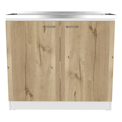 Front. TuHome - Napoles Utility Sink With Cabinet, Double Door, One Shelf - White / Light Oak.