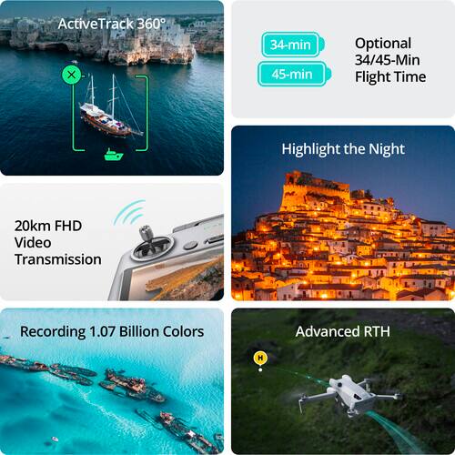 ActiveTrack 360°  
34-min / 45-min Optional Flight Time  
Highlight the Night  
20km FHD Video Transmission  
Recording 1.07 Billion Colors  
Advanced RTH
