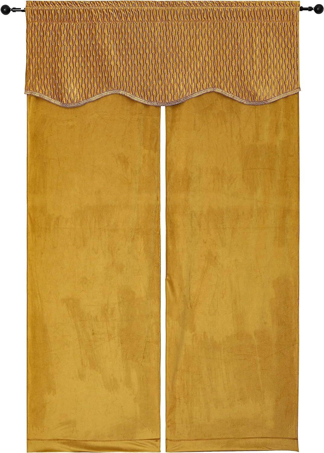 Left. Kate Aurora - Kate Aurora Christmas Essentials Light Filtering Complete Attached Velvet Window Curtains & Valance Set - Gold - Gold.