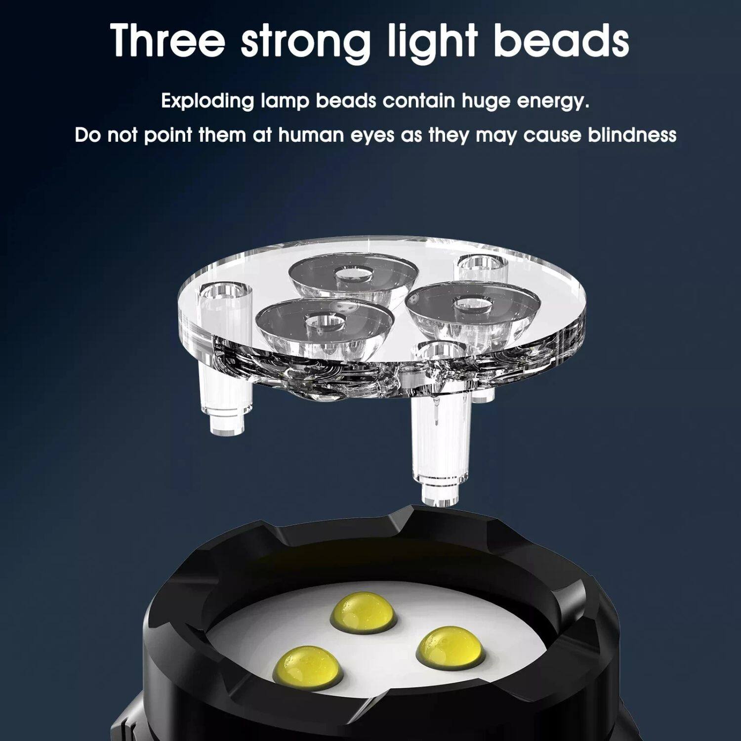 Three strong light beads

Exploding lamp beads contain huge energy. Do not point them at human eyes as they may cause blindness
