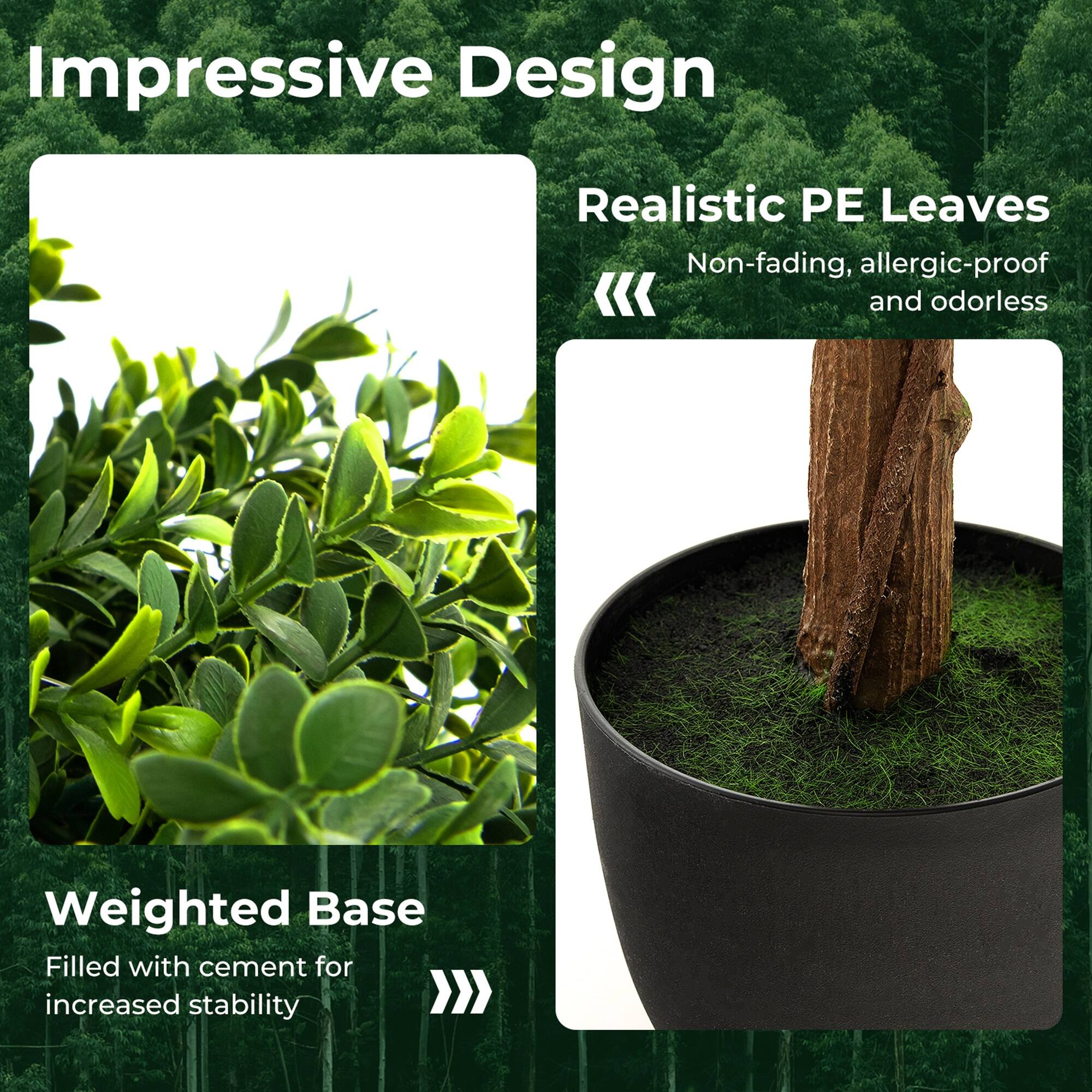 Impressive Design

Realistic PE Leaves
Non-fading, allergic-proof and odorless

Weighted Base
Filled with cement for increased stability