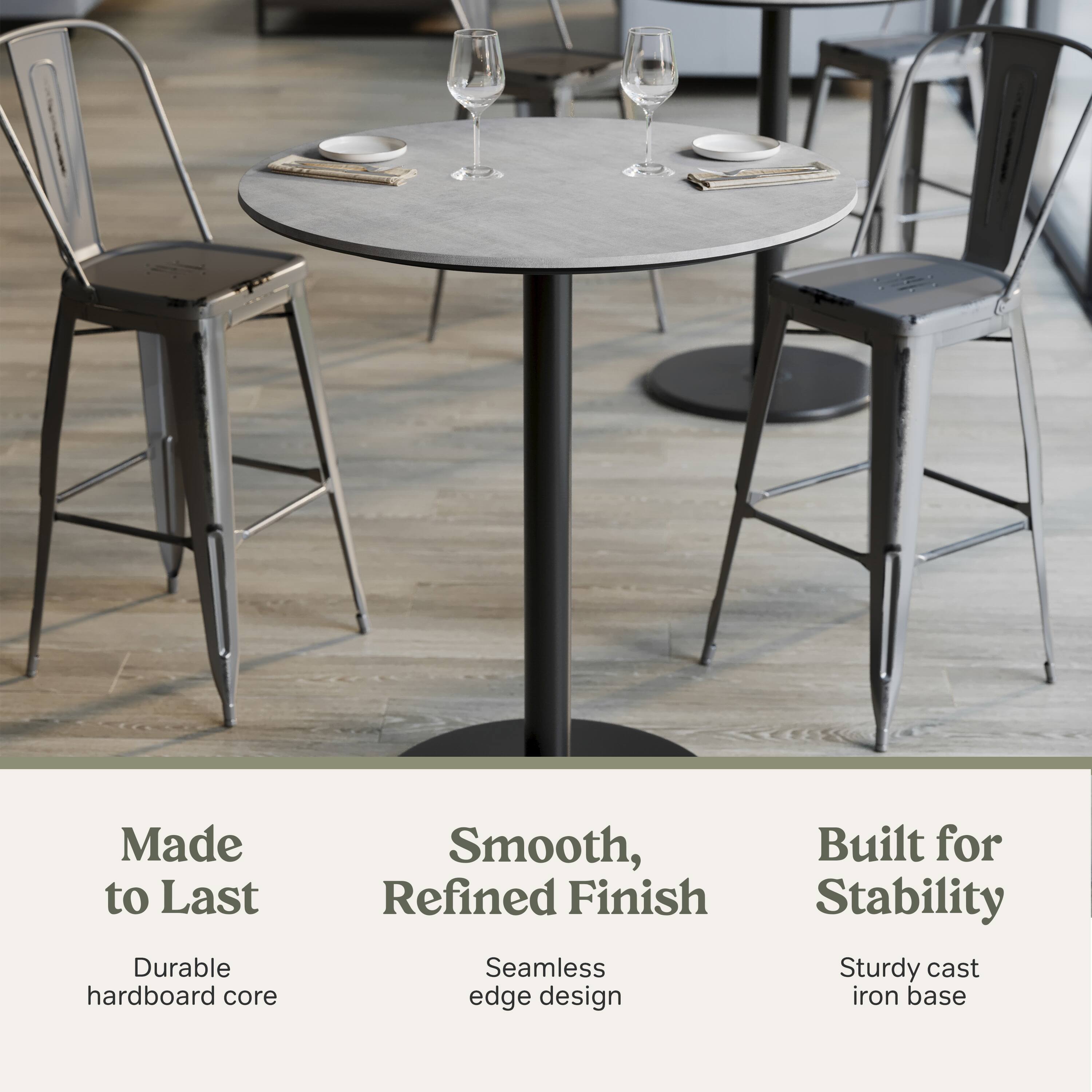 Made to Last  
Durable hardboard core  

Smooth, Refined Finish  
Seamless edge design  

Built for Stability  
Sturdy cast iron base