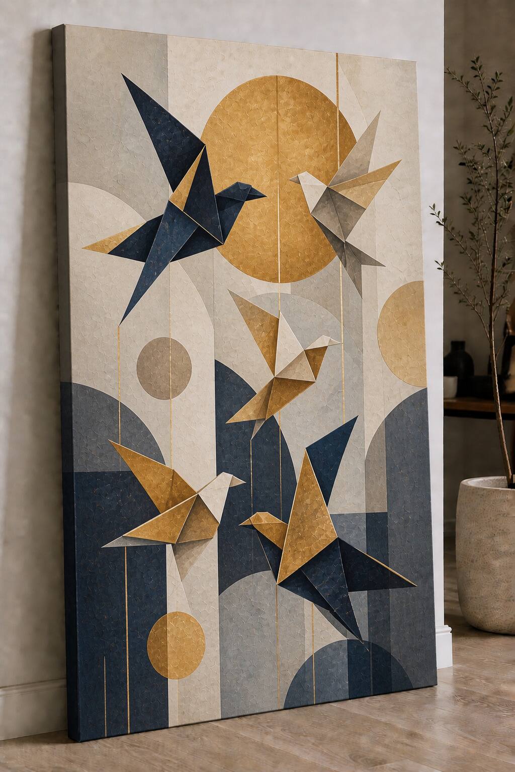 FC Design - Large Ready-to-Hang 24x36"- Geometric Birds Abstract Art Painting Home Wall Décor - MultiColor