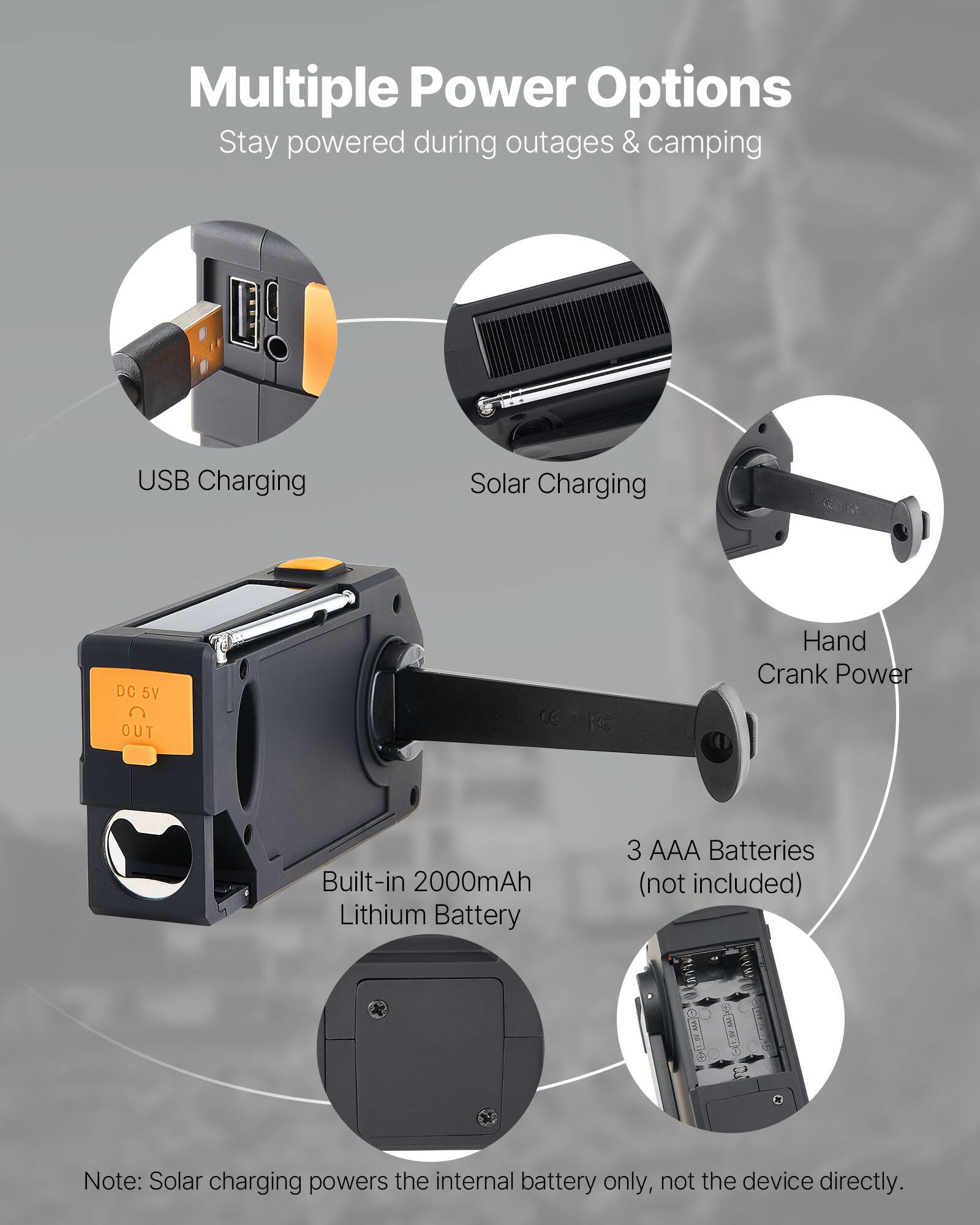 Multiple Power Options  
Stay powered during outages & camping  

- USB Charging  
- Solar Charging  
- Hand Crank Power  
- Built-in 2000mAh Lithium Battery  
- 3 AAA Batteries (not included)  

Note: Solar charging powers the internal battery only, not the device directly.