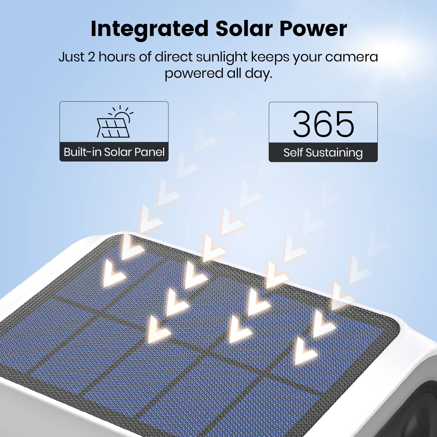 Integrated Solar Power  
Just 2 hours of direct sunlight keeps your camera powered all day.  

Built-in Solar Panel  
365 Self Sustaining