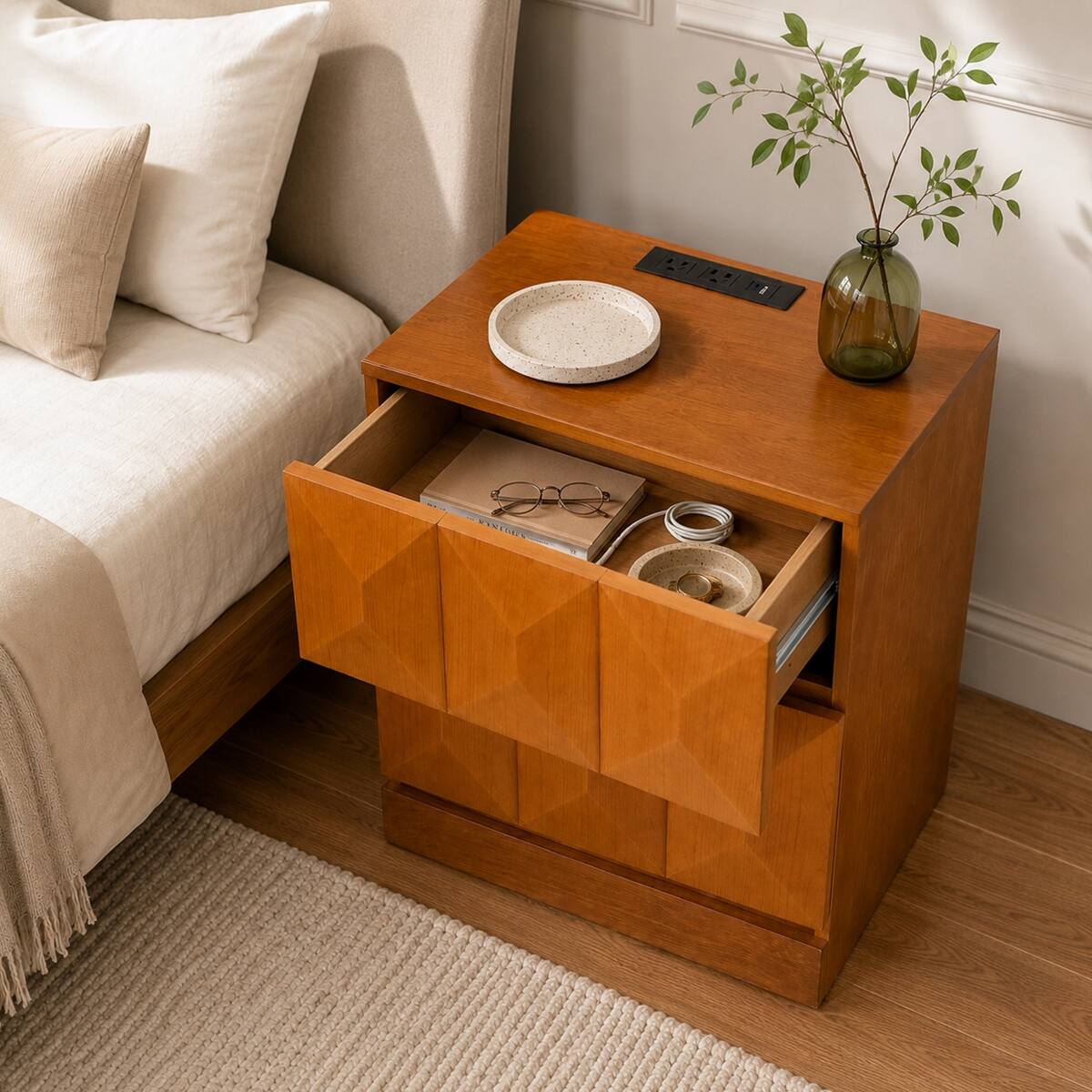 Left. Loheer - Loheer Charging Station Nightstand, Natural Wood, Two Drawer Bedside Table - Natural Wood.