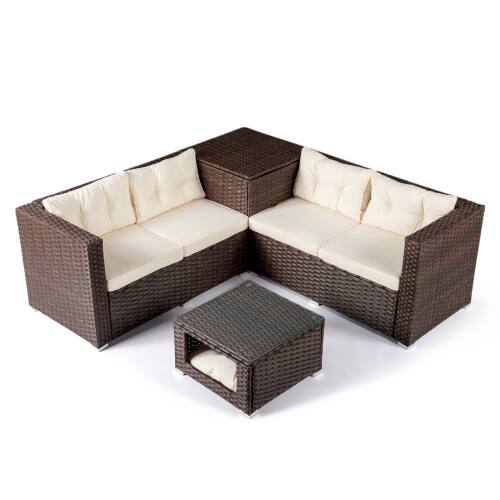 Alt View 1. Winado - 4PCS Patio Rattan Wicker Furniture Sets w/ Glass Top Coffee Table with Pet Ped, Hidden Storage In/Outdoor Garden Balcony - Brown & Beige Cushion.