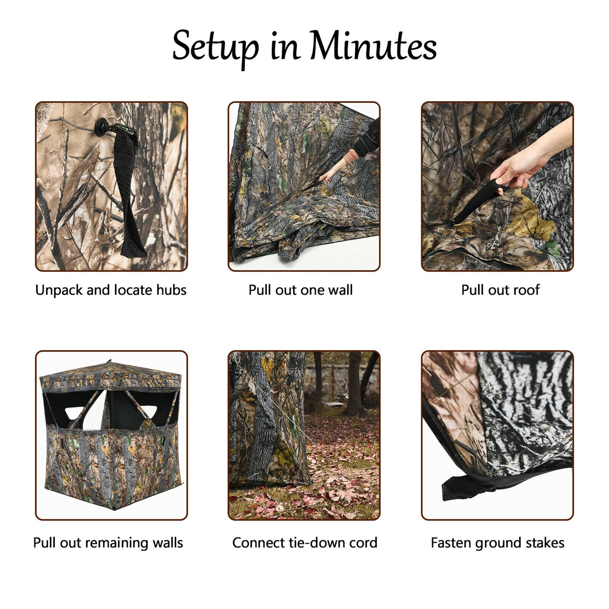 Setup in Minutes

1. Unpack and locate hubs
2. Pull out one wall
3. Pull out roof
4. Pull out remaining walls
5. Connect tie-down cord
6. Fasten ground stakes