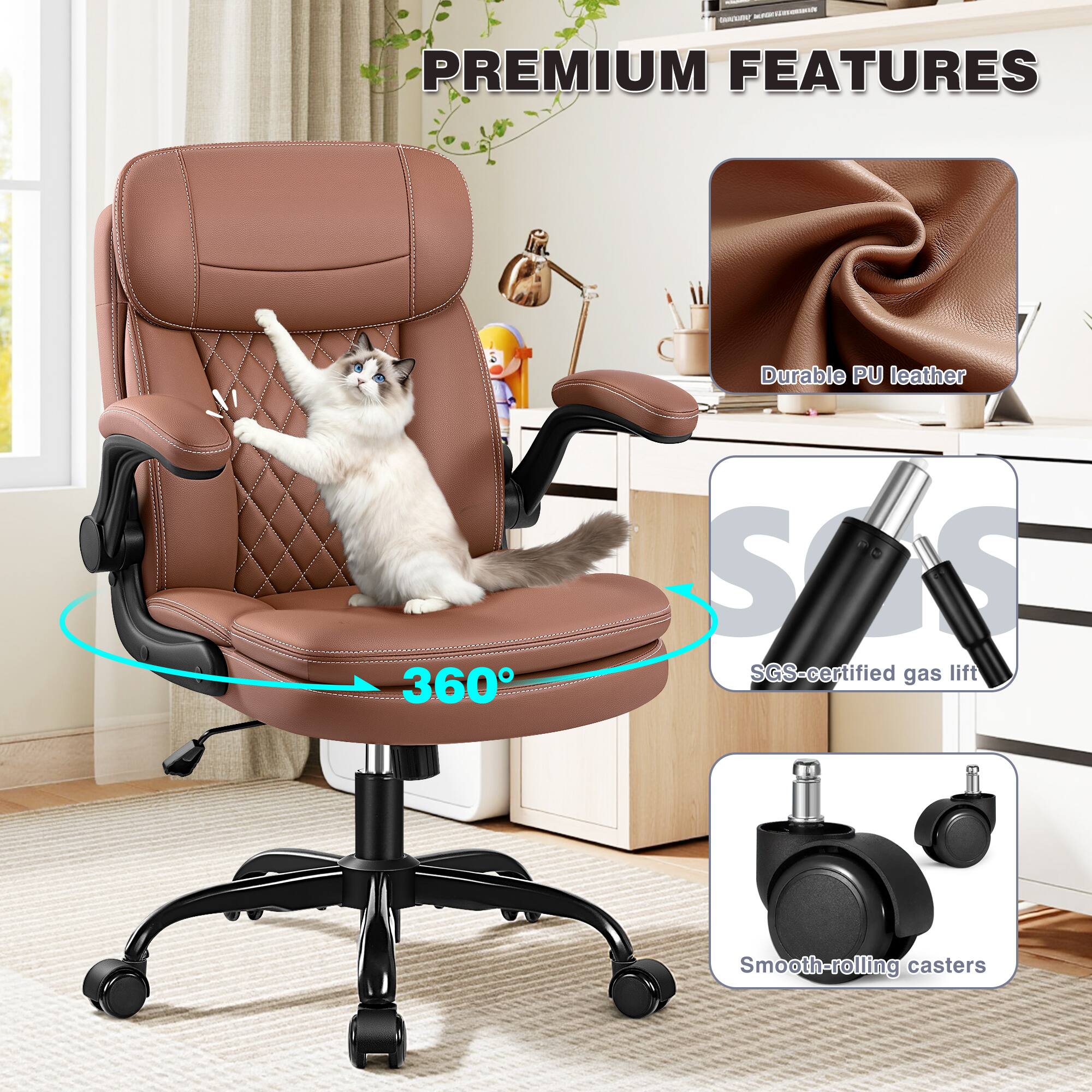 - PREMIUM FEATURES
  - Durable PU leather
  - 360° rotation
  - SGS-certified gas lift
  - Smooth-rolling casters