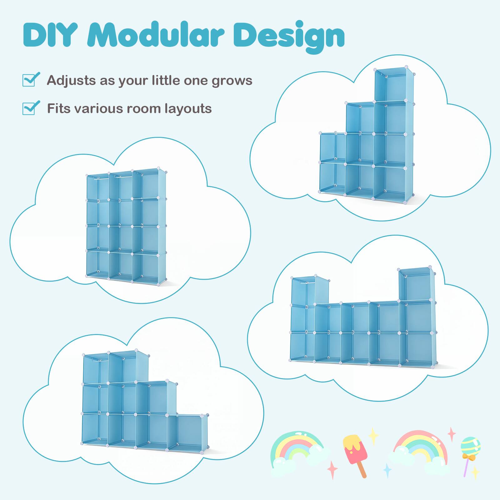 DIY Modular Design  
Adjusts as your little one grows  
Fits various room layouts