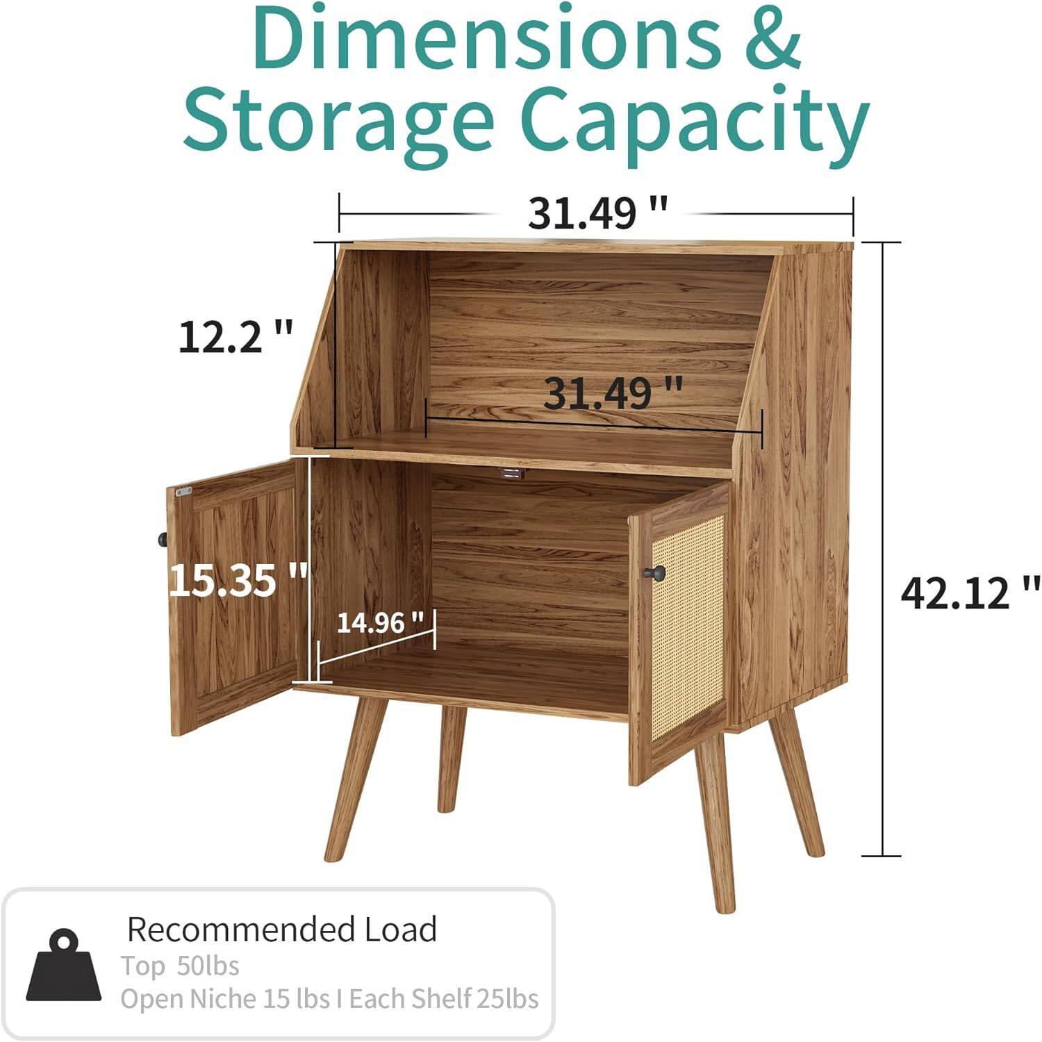 Dimensions & Storage Capacity

- Width: 31.49"
- Depth: 12.2"
- Height: 42.12"
- Open Niche Height: 15.35"
- Open Niche Depth: 14.96"

Recommended Load
- Top: 50 lbs
- Open Niche: 15 lbs
- Each Shelf: 25 lbs