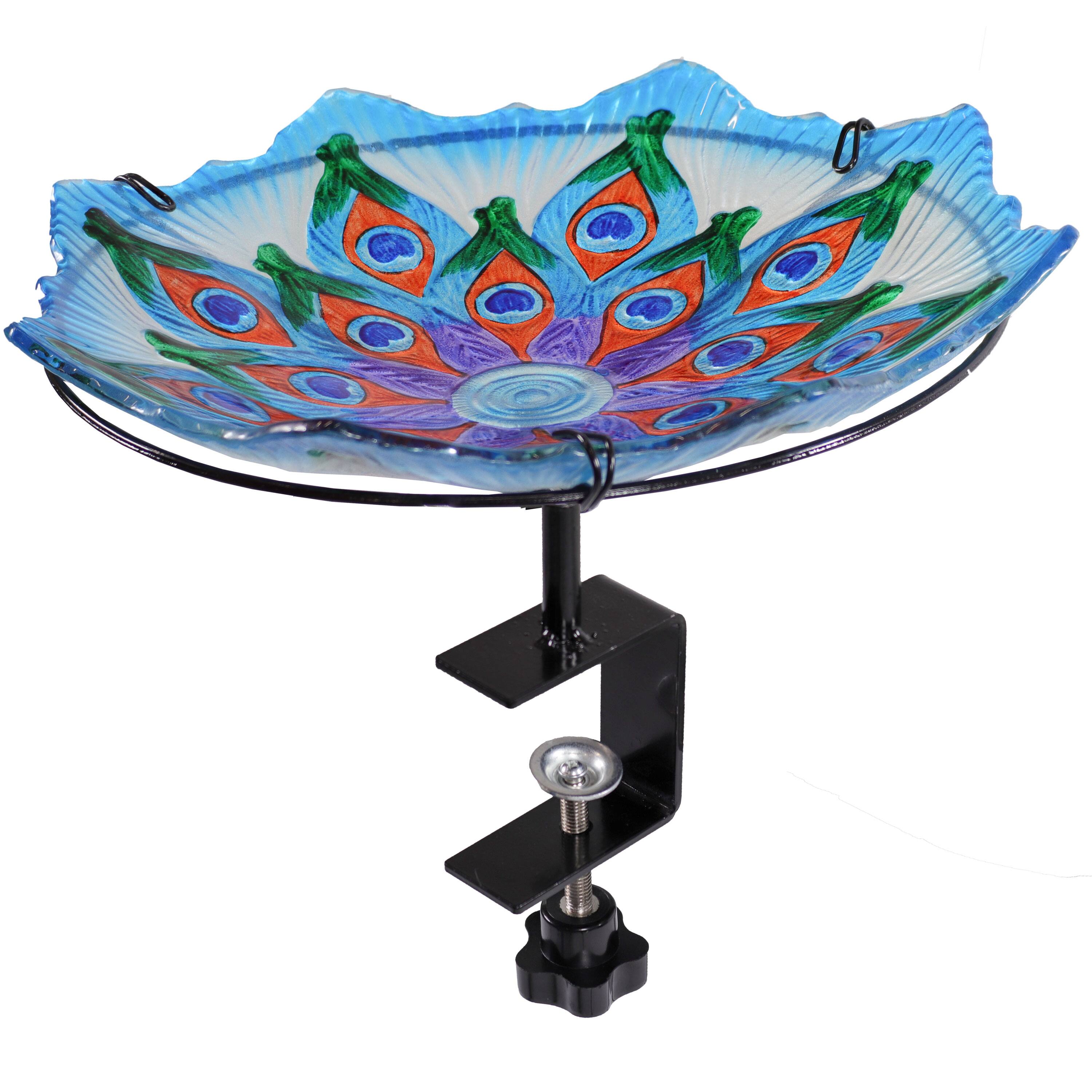 Alt View 4. Sunnydaze - Deck-Mounted/Staked Glass Bird Bath - Exquisite Feathers.