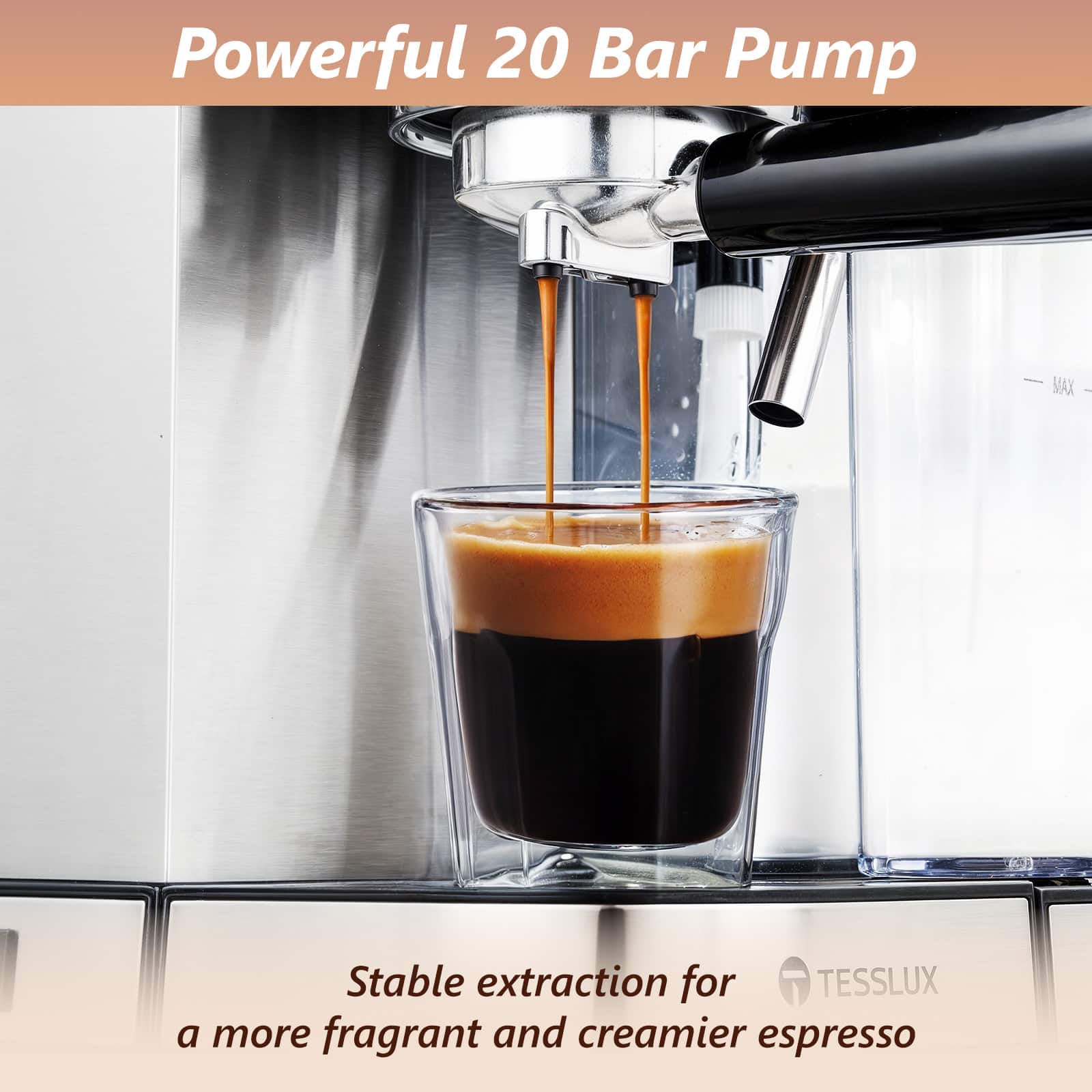 tesslux Espresso and Cappuccino Machine, 20 Bar Dual Boiler Latte