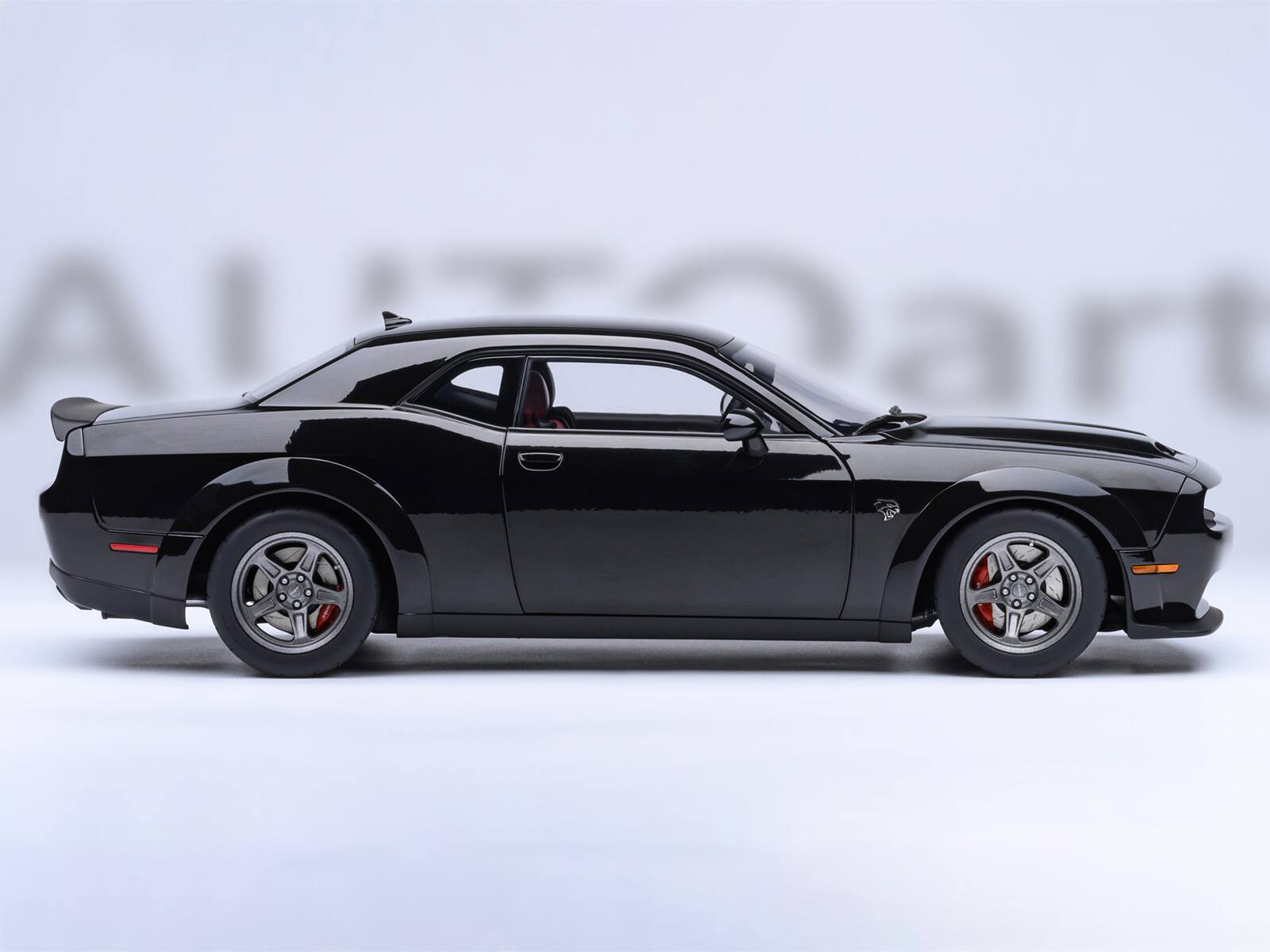 Alt View 6. Autoart - 2023 Dodge Challenger SRT Super Stock Pitch Black with Red Interior 1/18 Model Car by Autoart.
