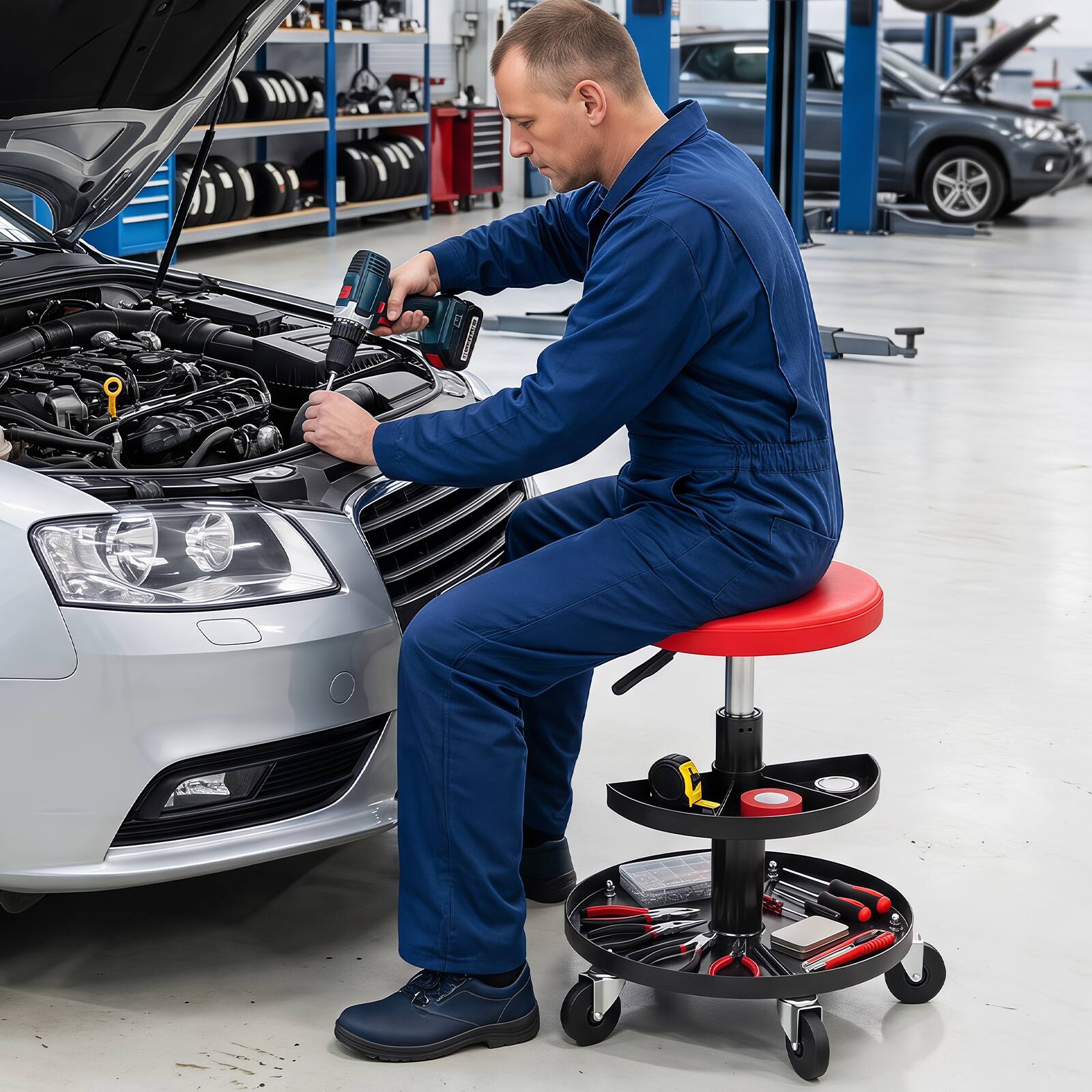 Alt View 1. Costway - Costway 16.5"-22" Rolling Mechanic Stool with Wheels, 2-Tier Tool Trays, Padded Cushion - Red & Black.