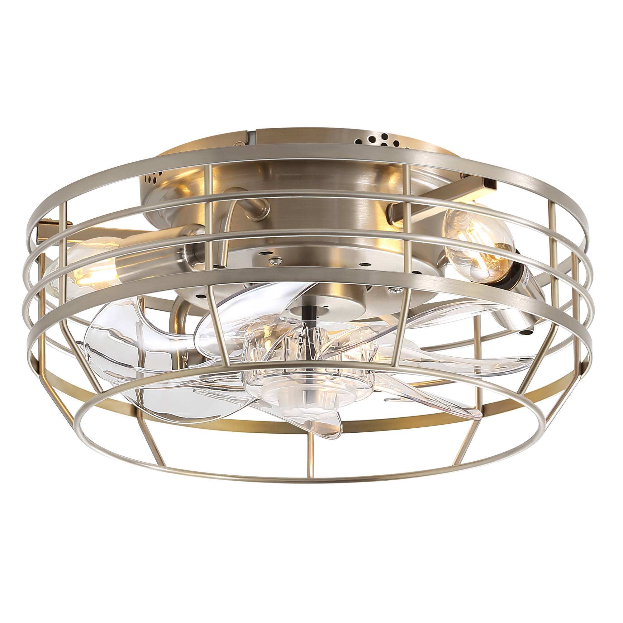 Angle. Breezary - 12" Indoor Flush Mount Cage Ceiling Fan with Remote, 7 Blades, 6-Speed DC Motor, Timer & Memory, Compact for Small Rooms - Satin Nickel.