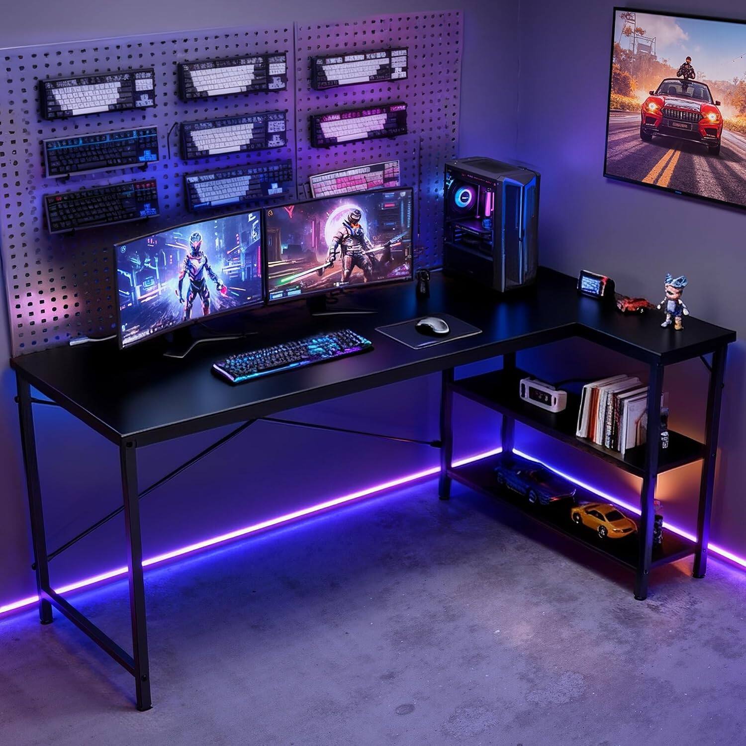 Angle. Sweet - 55" L Shaped Office Desk, Reversible Computer Desk with Shelves for Gaming, Corner Work, Home Office, Black - Black.