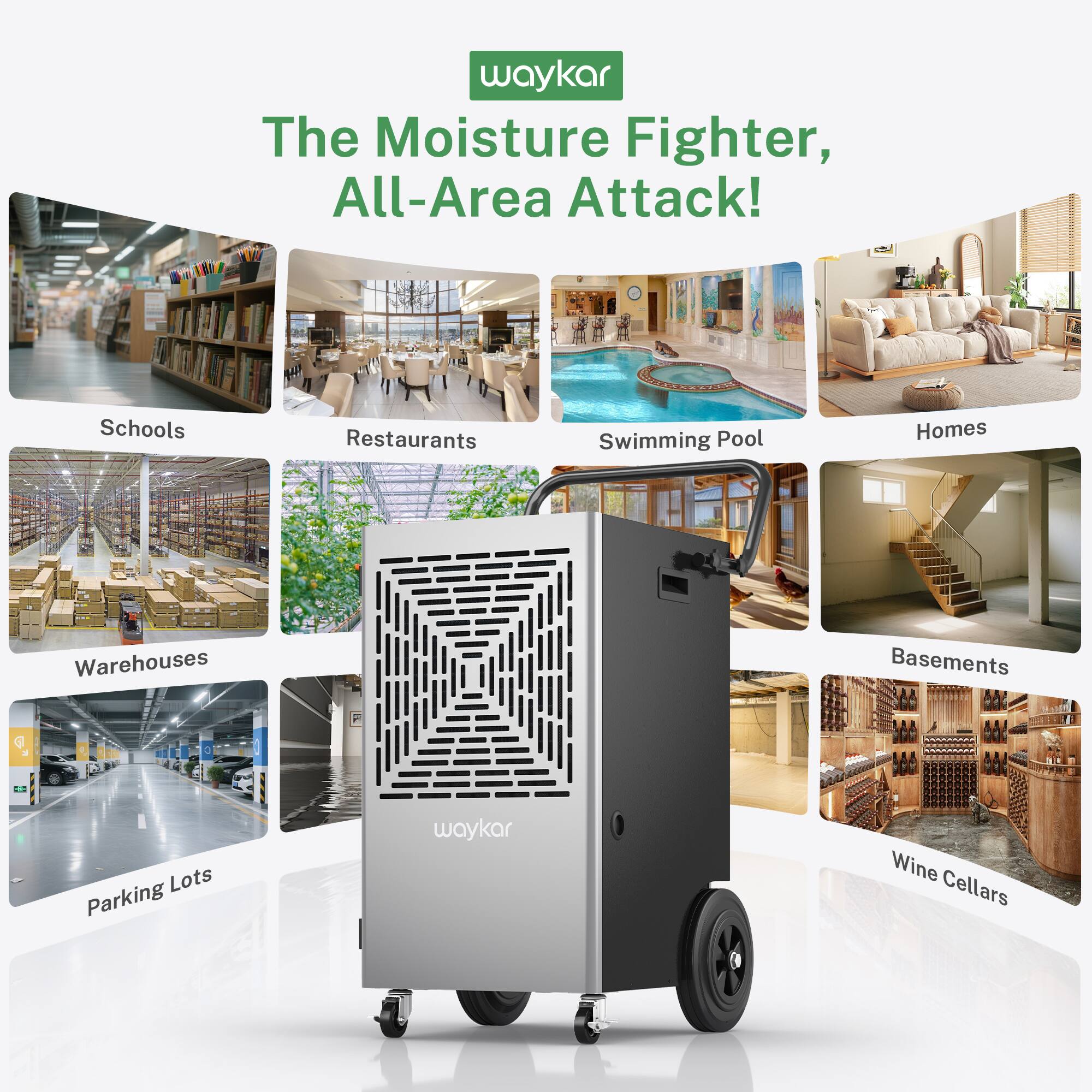 waykar  
The Moisture Fighter, All-Area Attack!  

- Schools  
- Restaurants  
- Swimming Pool  
- Homes  
- Warehouses  
- Parking Lots  
- Basements  
- Wine Cellars