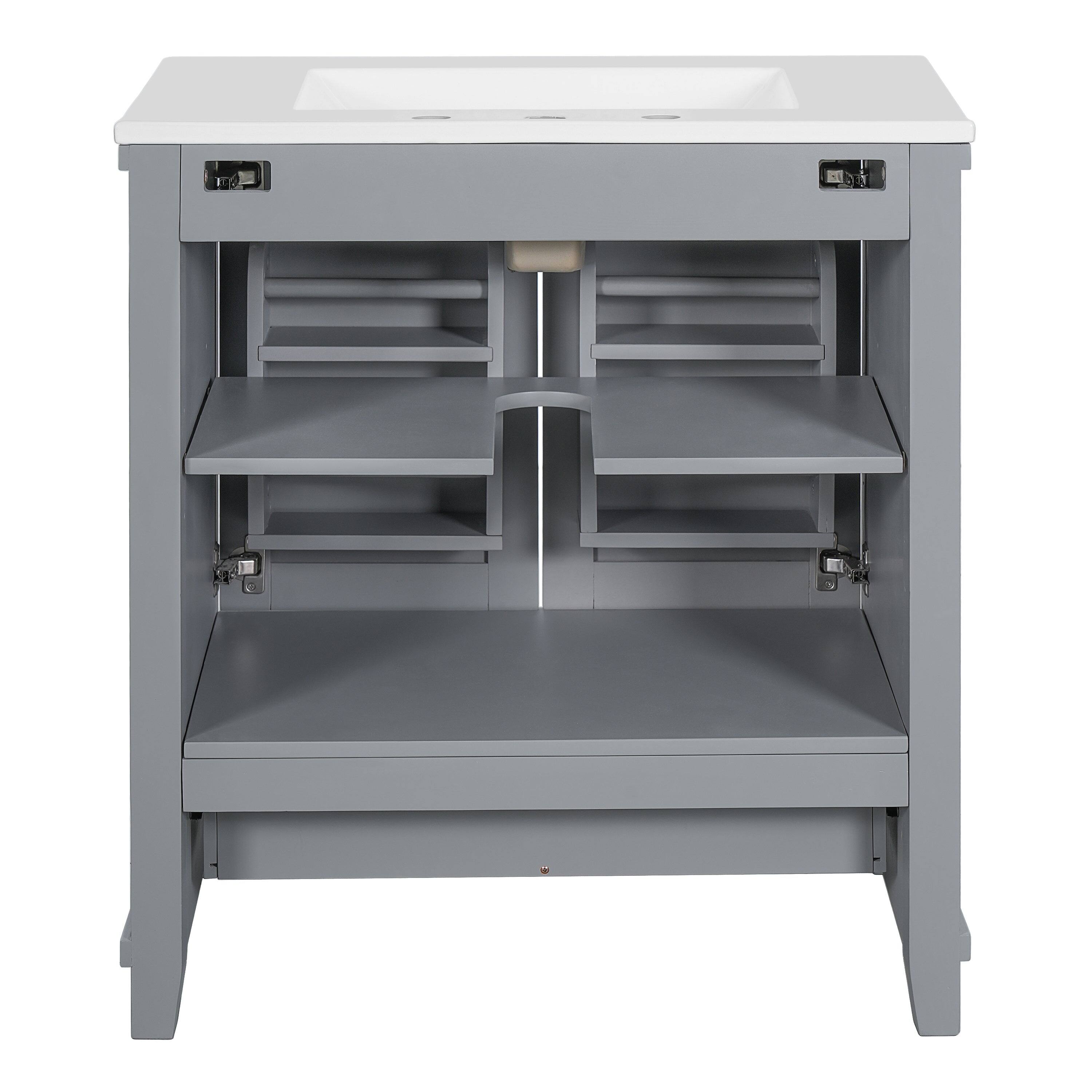 Left. Boyel Living - 30 Inch Gray Bathroom Vanity with Ceramic Sink Solid Wood Frame MDF 2 Soft Close Doors 1 Drawer Dual Storage Shelves - Gray.