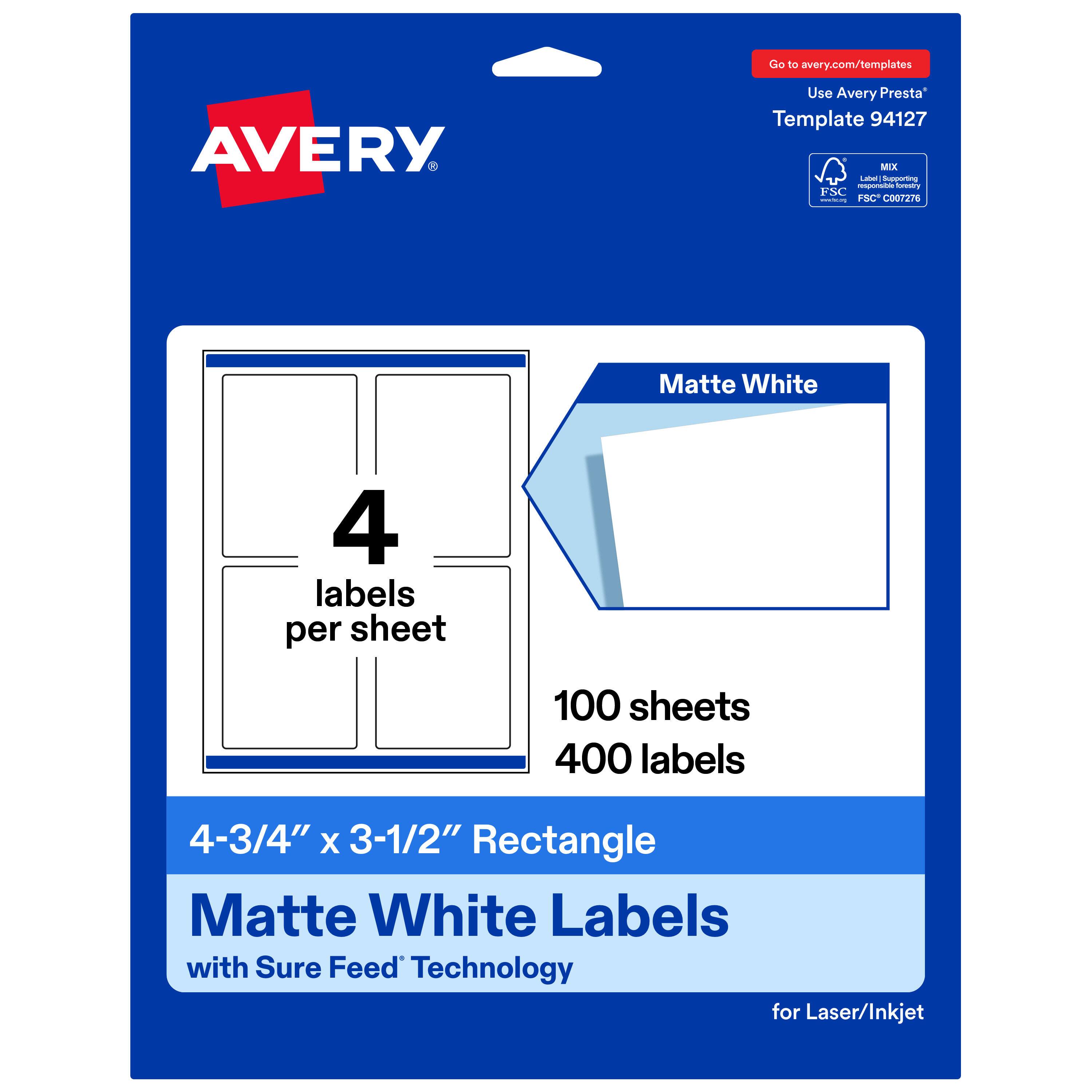 Avery - Avery® Matte Rectangle Labels, 4.75" x 3.5", 400 Total - White