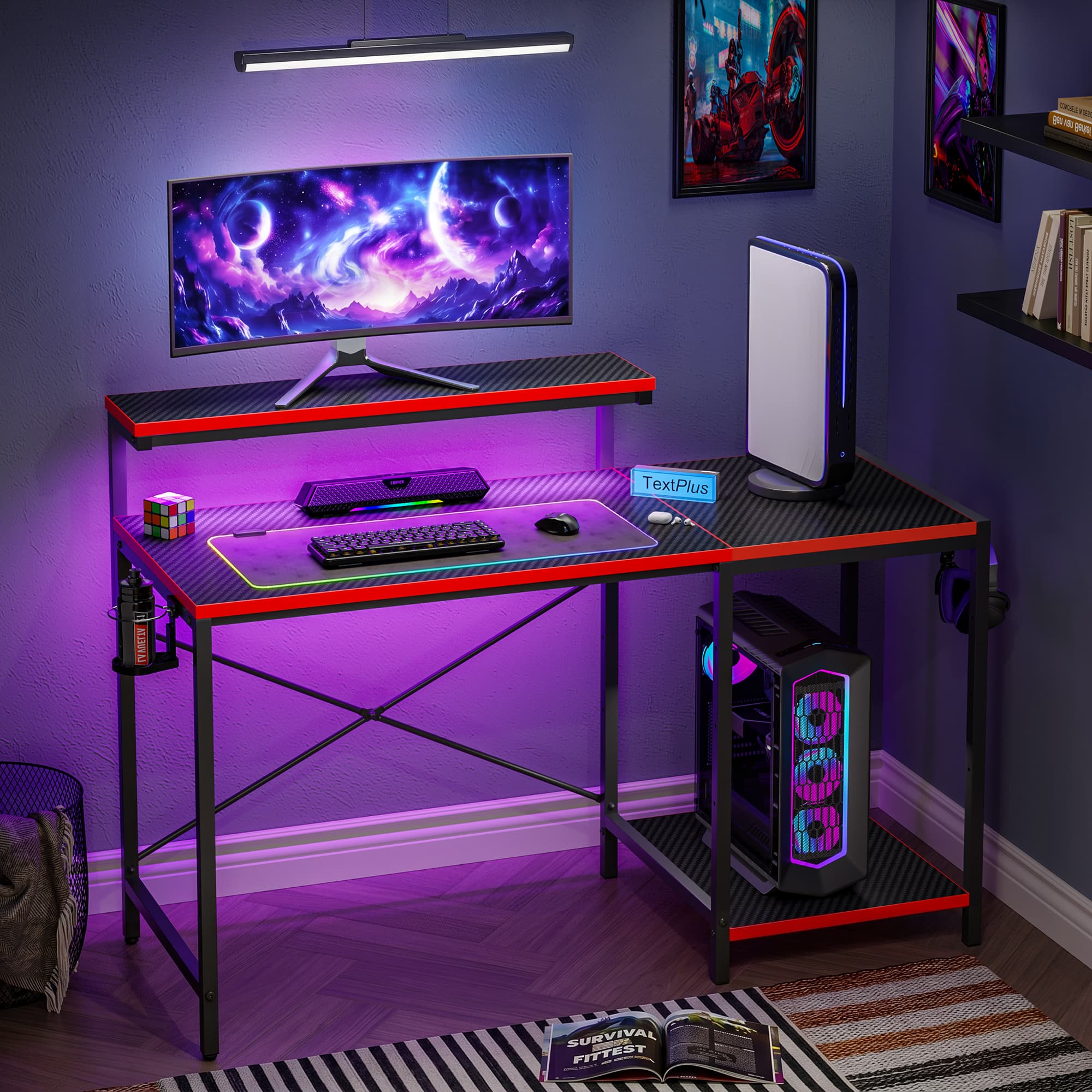 RSPGAME - 48'' Gaming Desk LED Lights Computer Desk with Monitor Stand and Hook Storage Shelf, PC Gaming Table for Home Office - Black & Red