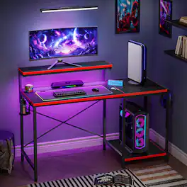RSPGAME - 48'' Gaming Desk LED Lights Computer Desk with Monitor Stand and Hook Storage Shelf, PC Gaming Table for Home Office - Black & Red