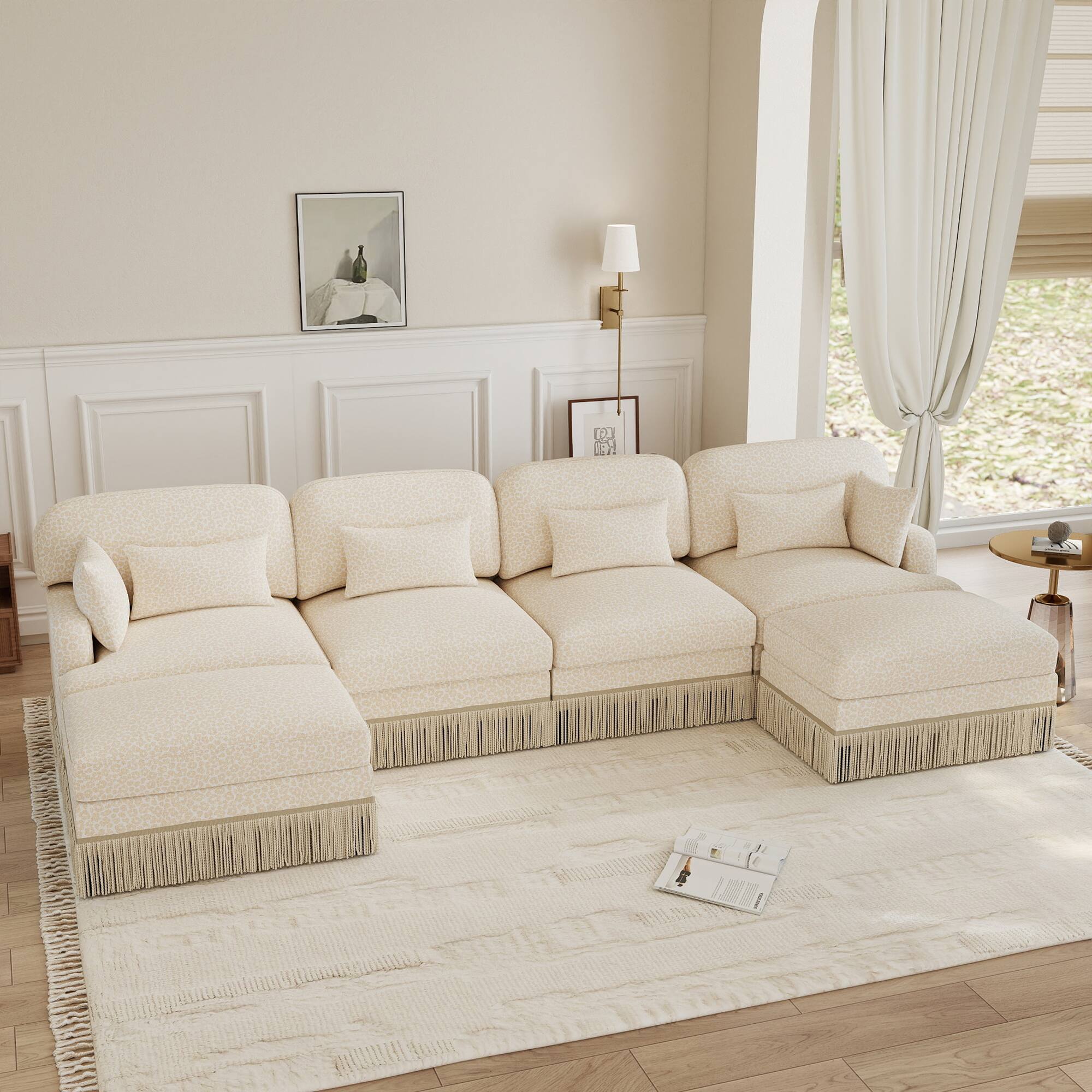 Angle. Anysun - 131" Comfy Chenille Leopard Print U-Shaped Modern Fashion Sofa – Delicate Tassel Edge, Movable Ottomans, Easy Assembly - Beige.