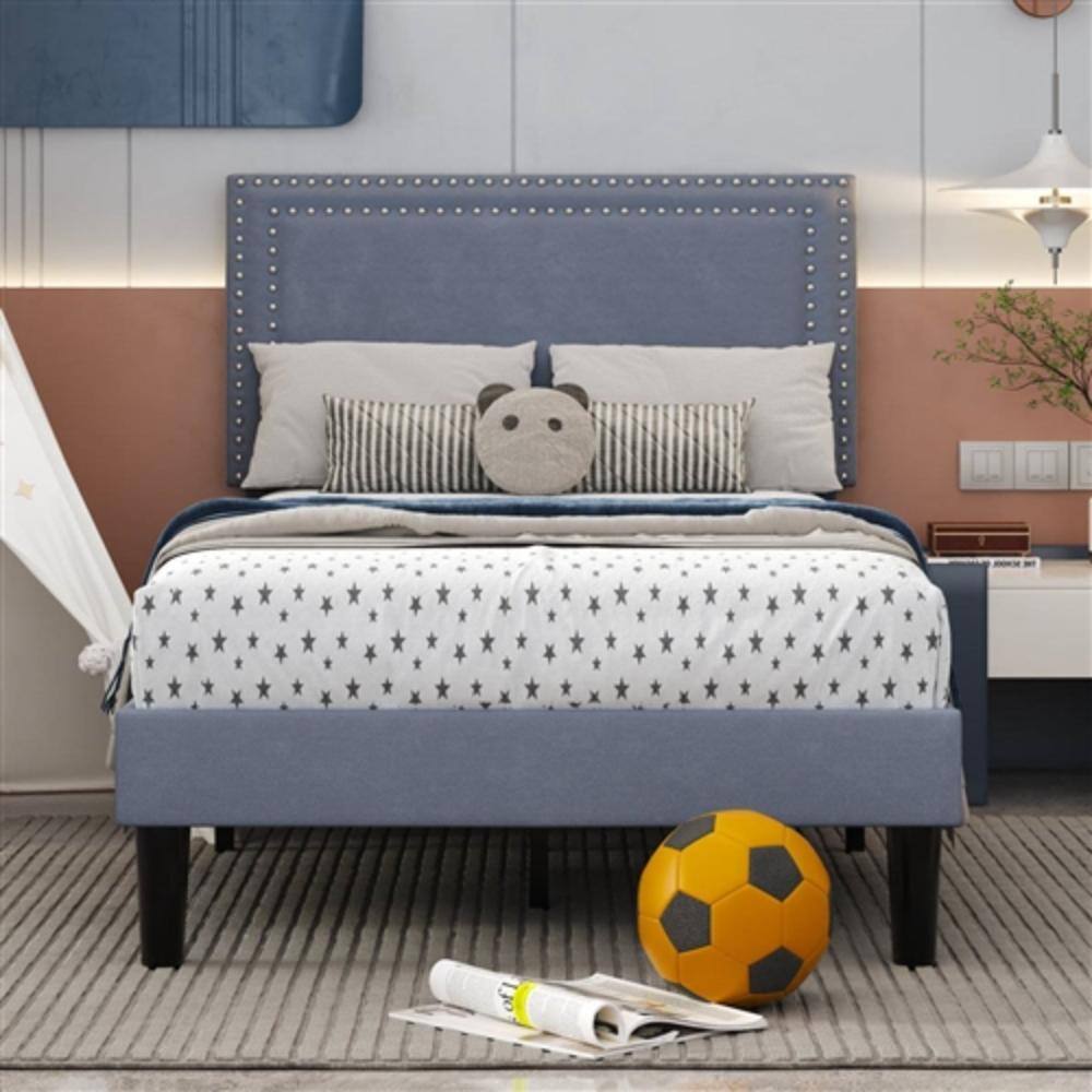 Left. Hivvago - Set of 2 - Twin size Grey Upholstered Platform Bed Frame with Headboard - Grey.
