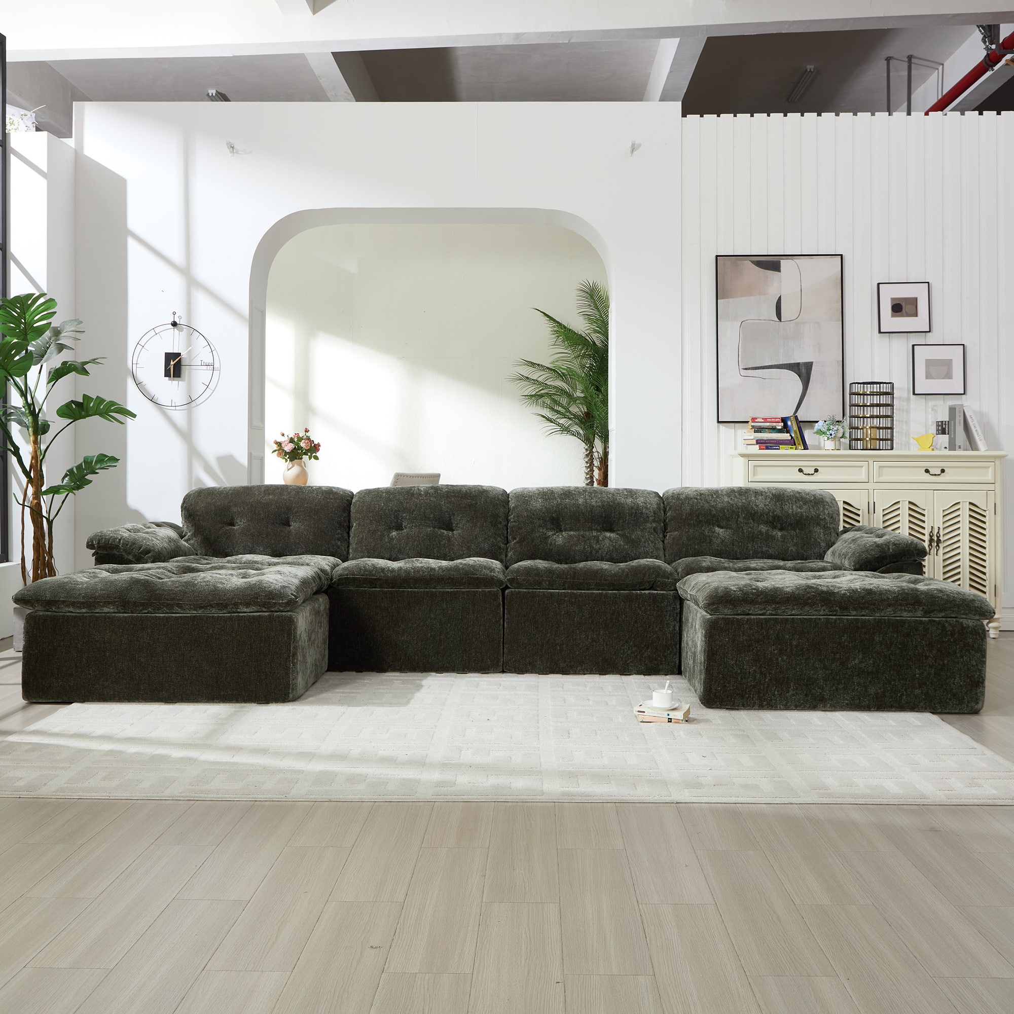 Aukfa - Modular U-Shape Sleeper Sofa Set - Cushioned Convertible Sofa Bed with Adjustable 2 Ottoman. - Emerald