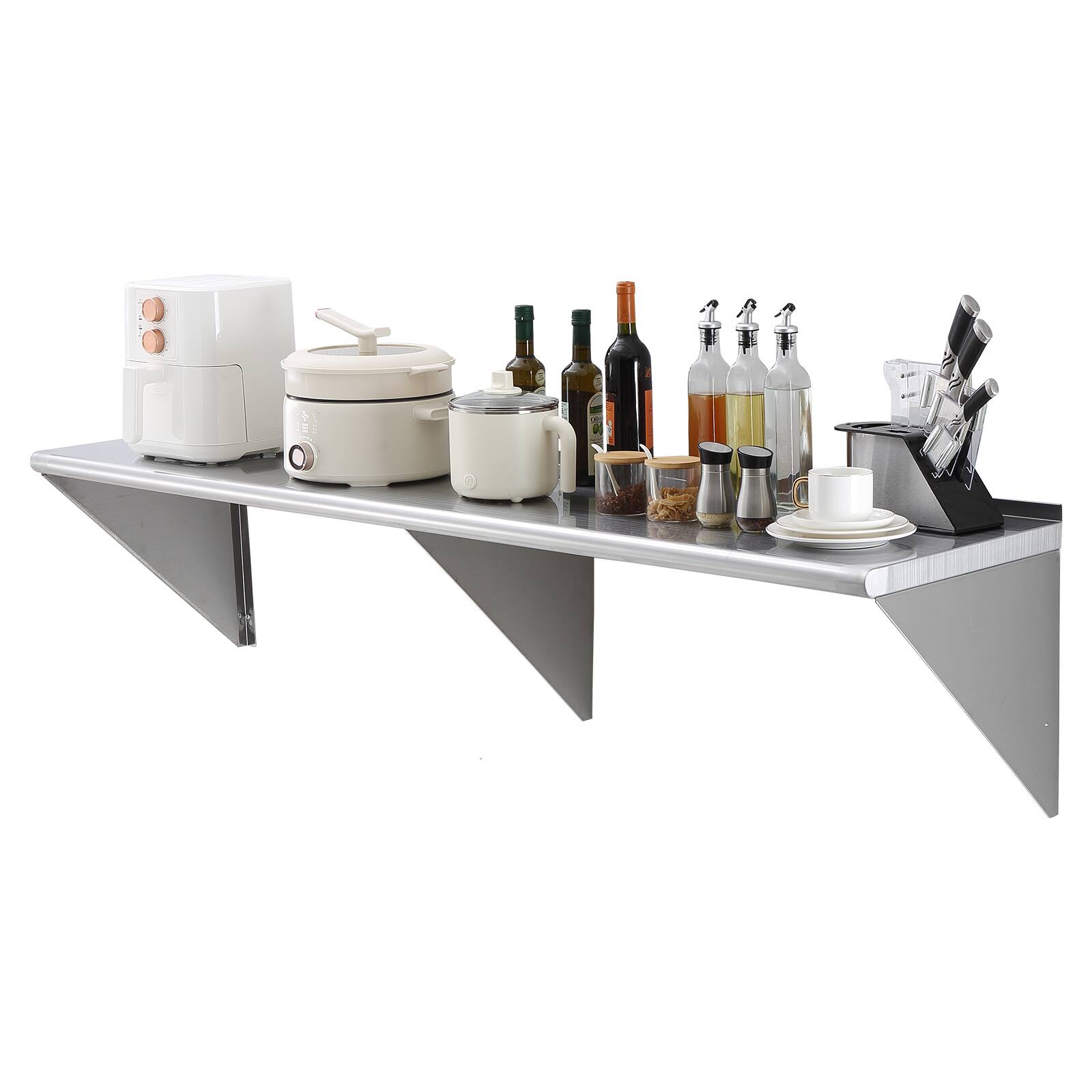 Front. VEVOR - 18" x 72" Stainless Steel Shelf, Wall Mounted Floating Shelving with Brackets, 500 lbs Load Capacity Commercial Shelves - Silver.