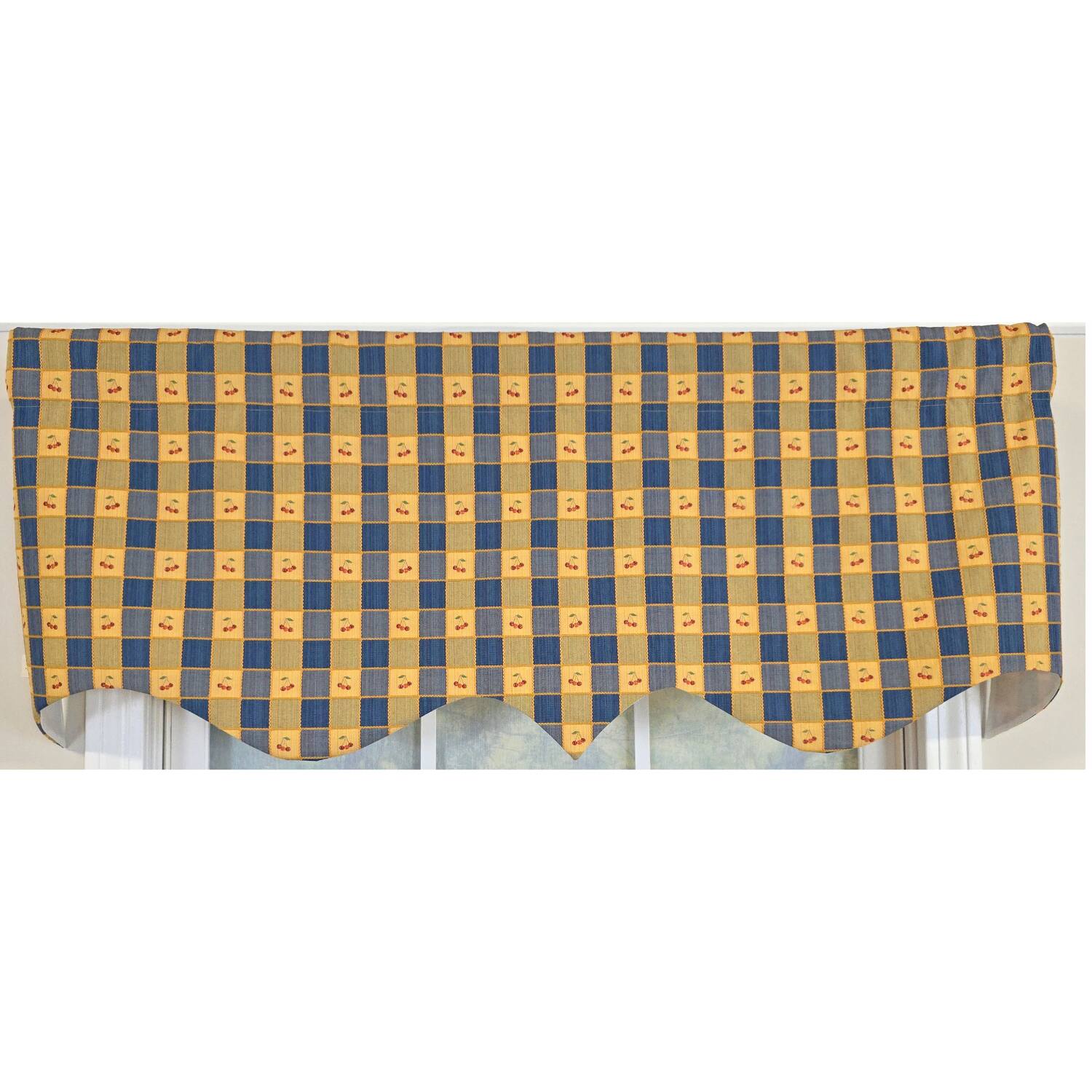 Left. RLF Home - RLF Home 100% Cotton Cherry Squares Regal With Poly/Cotton lining Rod Pocket Valance 50" x 15" Navy - Navy.