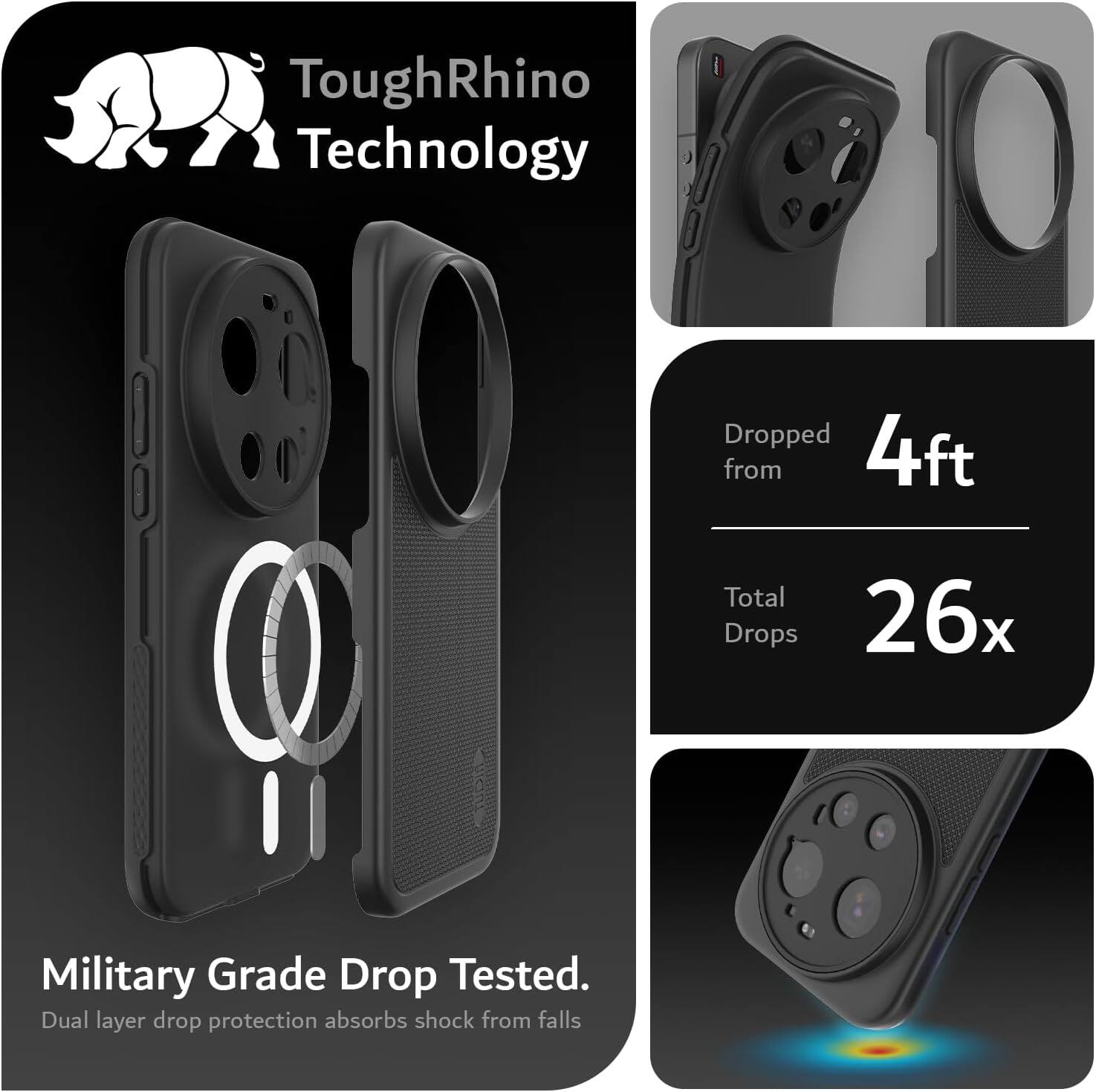 ToughRhino Technology

Dropped from 4ft
Total Drops 26x

Military Grade Drop Tested.
Dual layer drop protection absorbs shock from falls