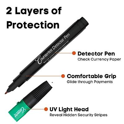 2 Layers of Protection

- Counterfeit Detector Pen
  - Detector Pen
    - Check Currency Paper
  - Comfortable Grip
    - Glide through Payments
- UV Light Head
  - Reveal Hidden Security Stripes