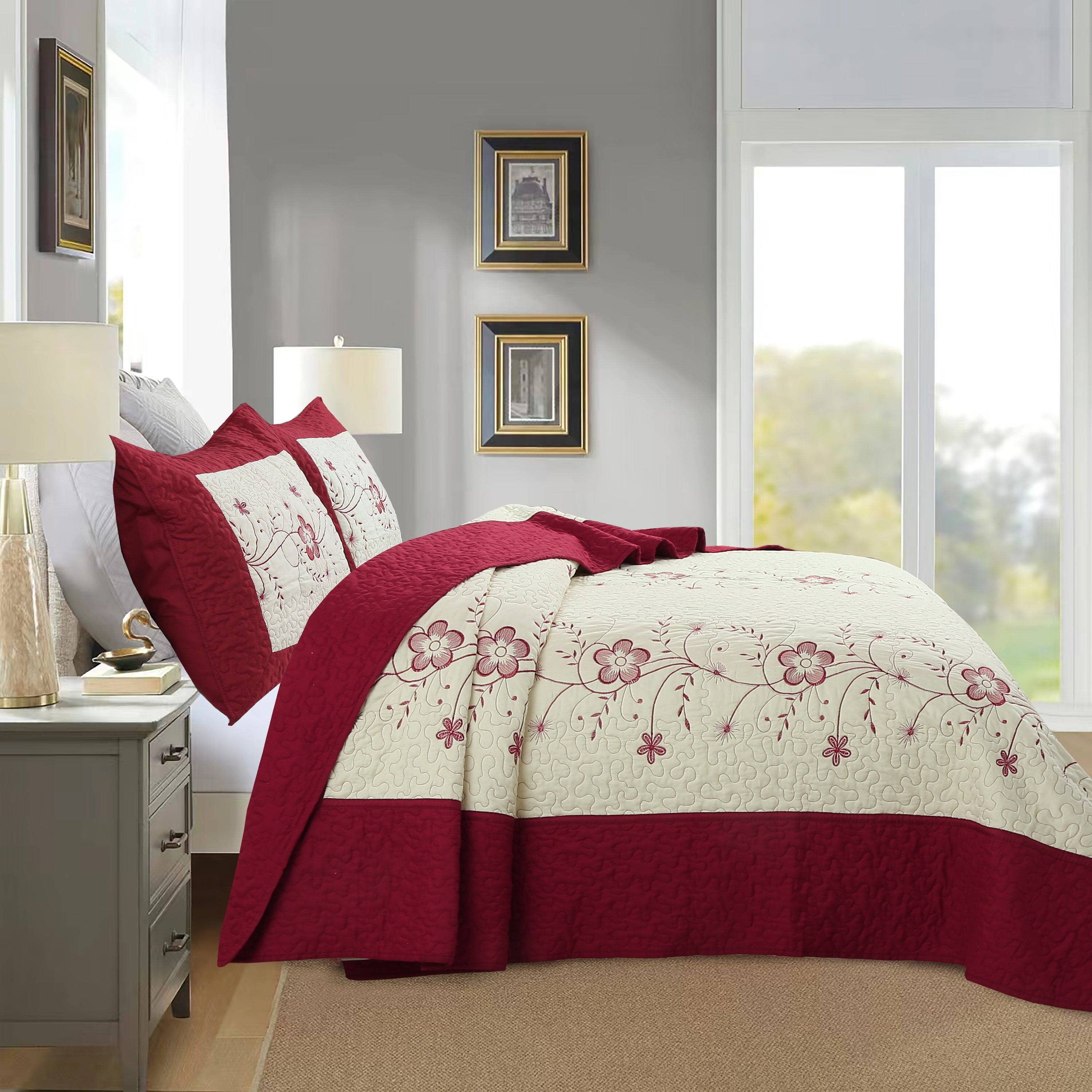 Left. MarCielo - Marcielo 3 Piece Queen Size Embroidery Quilt Set Lightweight Bedspread Set Queen - Red and Cream.