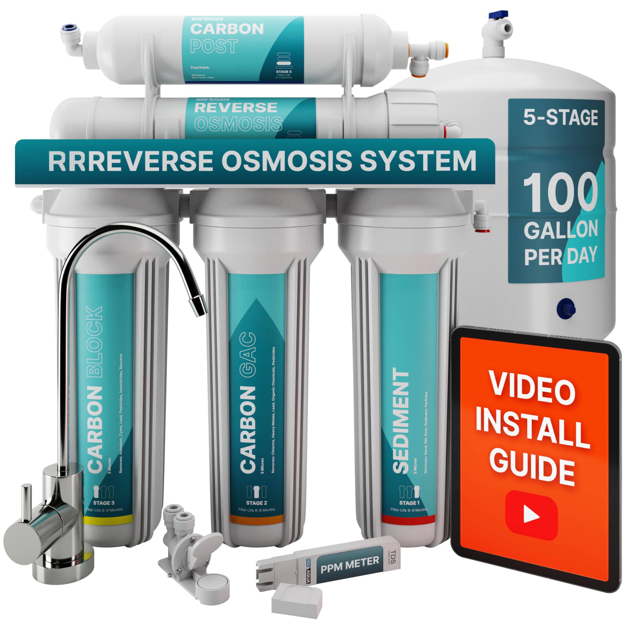 **RR Reverse Osmosis System**

- **5-Stage Reverse Osmosis System**
- **100 Gallon Per Day**

**Stages:**
1. **Sediment** - Stage 1
2. **Carbon GAC** - Stage 2
3. **Carbon Block** - Stage 3
4. **Reverse Osmosis** - Stage 4
5. **Carbon Post** - Stage 5

**Video Install Guide**

**PPM Meter**