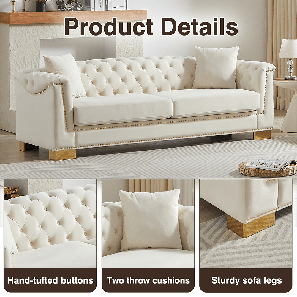 Product Details

- Hand-tufted buttons
- Two throw cushions
- Sturdy sofa legs