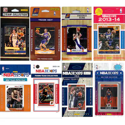 Sure, here is the corrected and grouped text from the image:
---
**Top Left:**
- PANINI
- TEAM COLLECTION
- NBA TRADING CARDS
- STEVE NASH G
- PHOENIX SUNS
- 13
- NBA TRADING CARDS
**Top Center:**
- PHOENIX SUNS
- TEAM SET
- STEVE NASH
- NBA TRADING CARDS
**Top Right:**
- PHOENIX SUNS
- NBA HOOPS
- 2013-14
- TEAM SET COLLECTION
- BONUS ALL-STAR
- ERIC BLEDSOE
- NBA TRADING CARDS
**Middle Left:**
- NBA HOOPS
- 2023-24
- PANINI TEAM COLLECTION
- D'VON BOOKER
- NBA TRADING CARDS
**Middle Center:**
- NBA HOOPS
- 2016-17
- PANINI TEAM COLLECTION
- JOSH JACKSON G
- NBA TRADING CARDS
**Middle Right:**
- NBA HOOPS
- 2017-18
- PANINI TEAM COLLECTION
- JOSH JACKSON G
- NBA TRADING CARDS
**Bottom Left:**
- NBA HOOPS
- 2016-17
- PANINI TEAM COLLECTION
- D'VON BOOKER
- NBA TRADING CARDS
**Bottom Center:**
- NBA HOOPS
- 2017-18
- PANINI TEAM COLLECTION
- JOSH JACKSON G
- NBA TRADING CARDS
**Bottom Right:**
- NBA HOOPS
- 2017-18
- PANINI TEAM COLLECTION
- JOSH JACKSON G
- NBA TRADING CARDS
---
This text is grouped by the cards shown in the image.