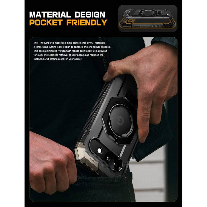 MATERIAL DESIGN  
POCKET FRIENDLY  

The TPU bumper is made from high-performance BAYER materials, incorporating cutting-edge design to enhance grip and reduce slippage. This design minimizes friction with fabrics during daily use, allowing for quick and seamless retrieval of your phone, and reducing the likelihood of it getting caught in your pocket.