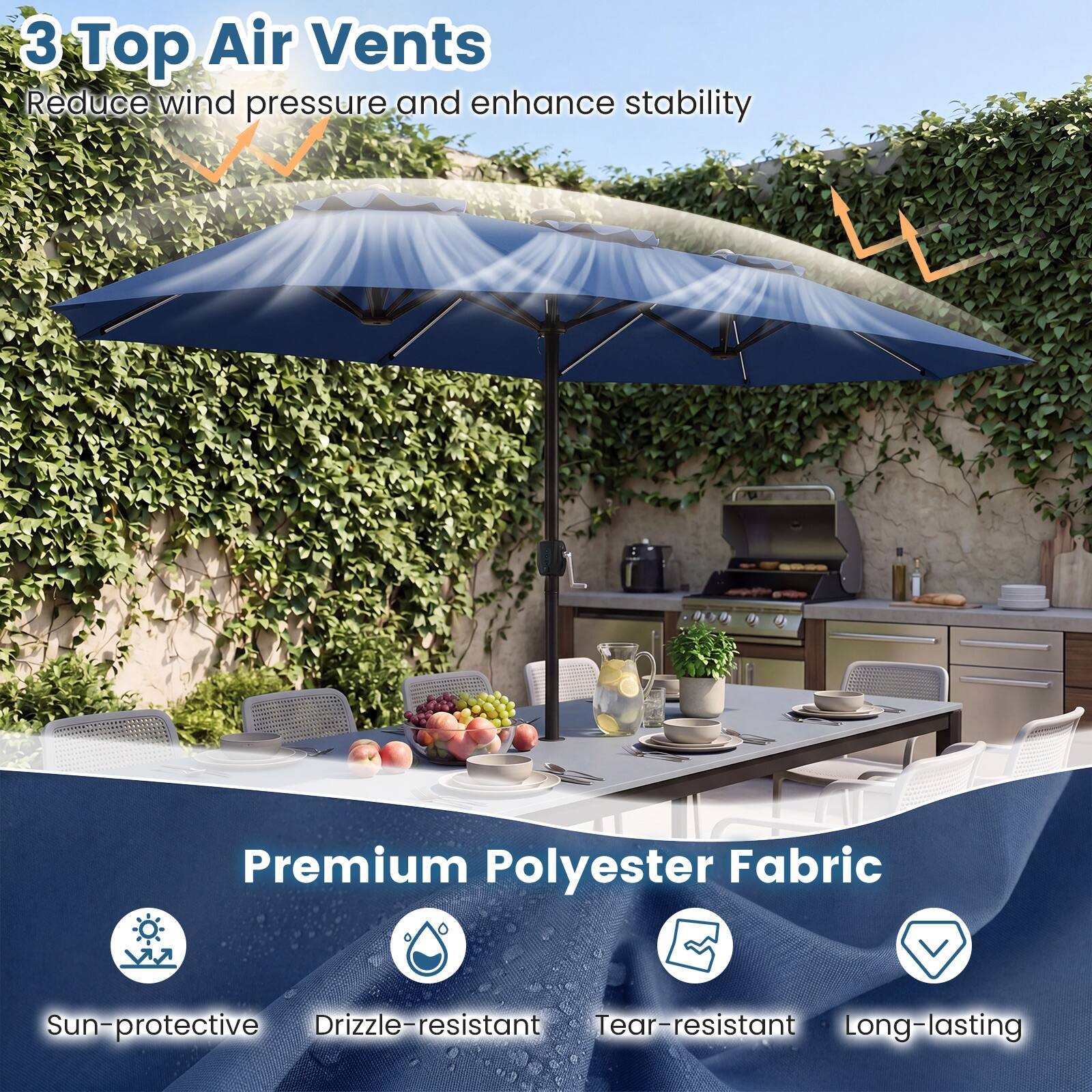 3 Top Air Vents  
Reduce wind pressure and enhance stability  

Premium Polyester Fabric  
Sun-protective  
Drizzle-resistant  
Tear-resistant  
Long-lasting