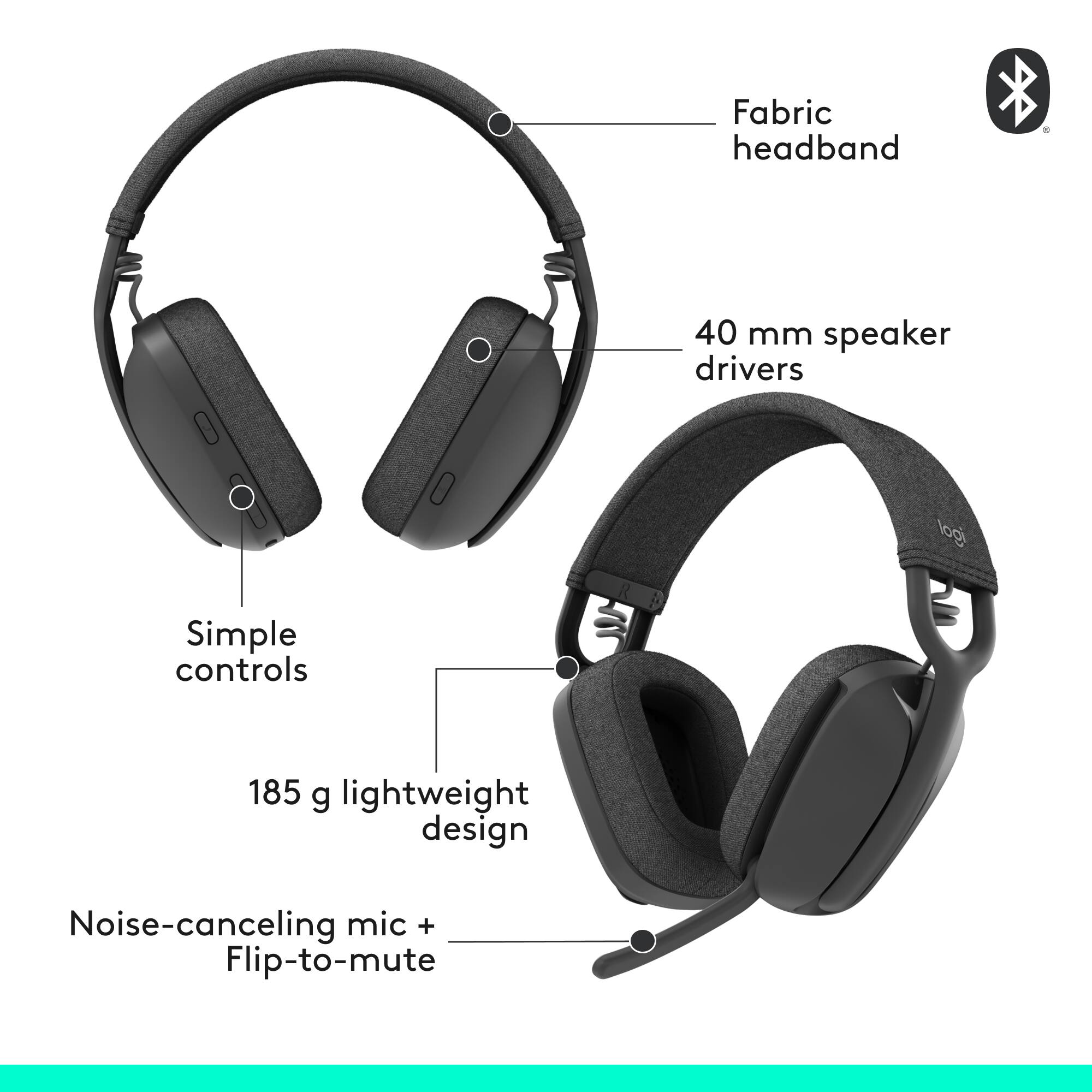 The image features a pair of headphones with a fabric headband and a 40 mm speaker driver. The headphones have a simple control design, weighing 185 grams and are lightweight. They also come with a noise-canceling microphone and a flip-to-mute feature.