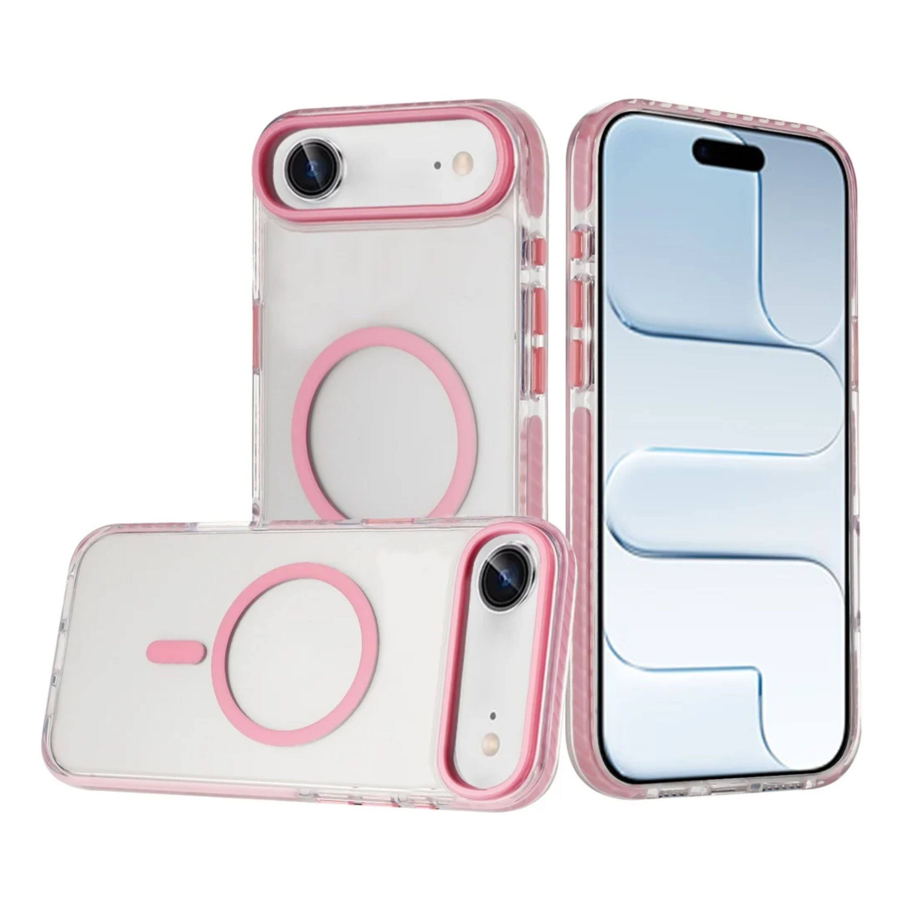 Left. Kitcheniva - Color Matching Trim Buttons Magnetic Circle Phone Case With Tempered Glass For iPhone Air Pink - Pink.